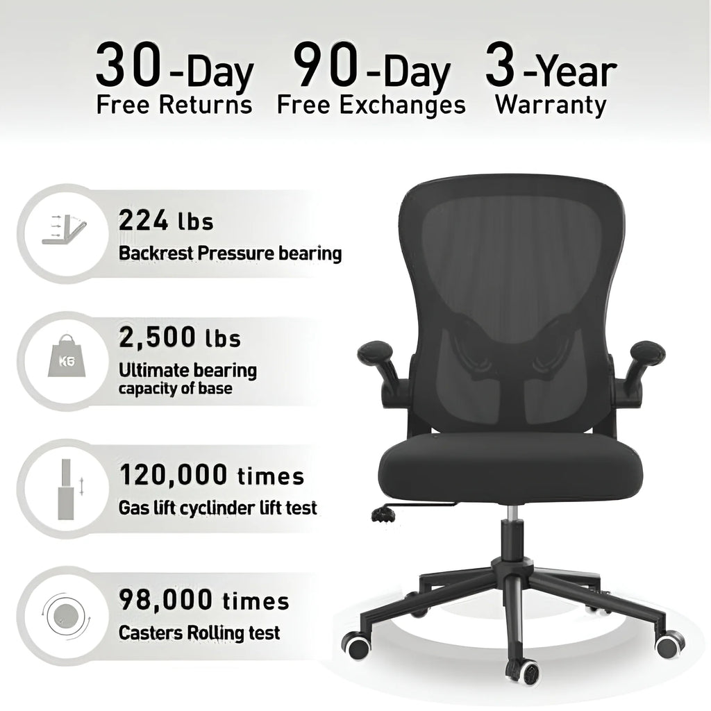 Hbada Office Chair, Ergonomic Desk Chair, Computer Mesh Chair with Lumbar Support and Flip-up Arms, Gray