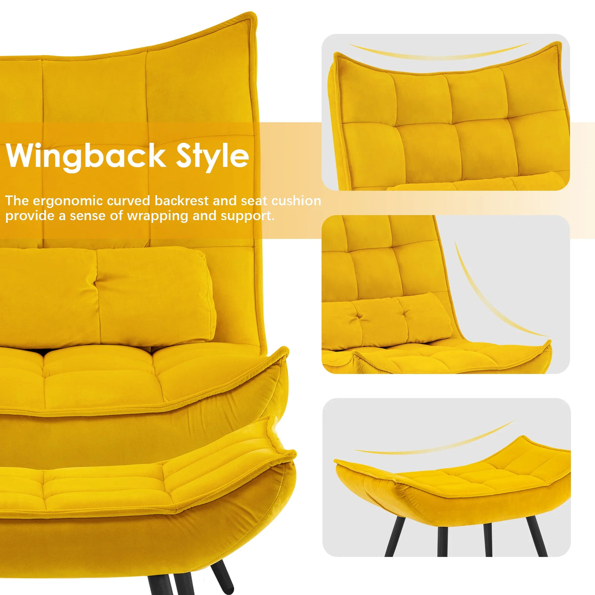 MCombo Accent Chair with Ottoman, Velvet Modern Chairs with Metal Legs for Living Room 4079 (Yellow)