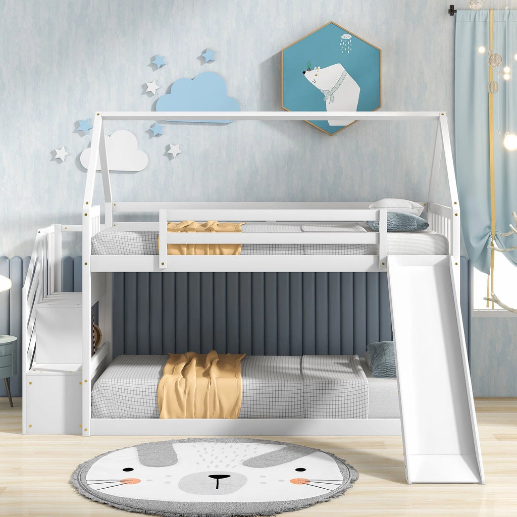 Low Bunk Bed with Slide and Stairs, Wood Twin Over Twin House Bunk Beds for Kids, Floor Bunk Bed with Stairway Easy Assembly (White)