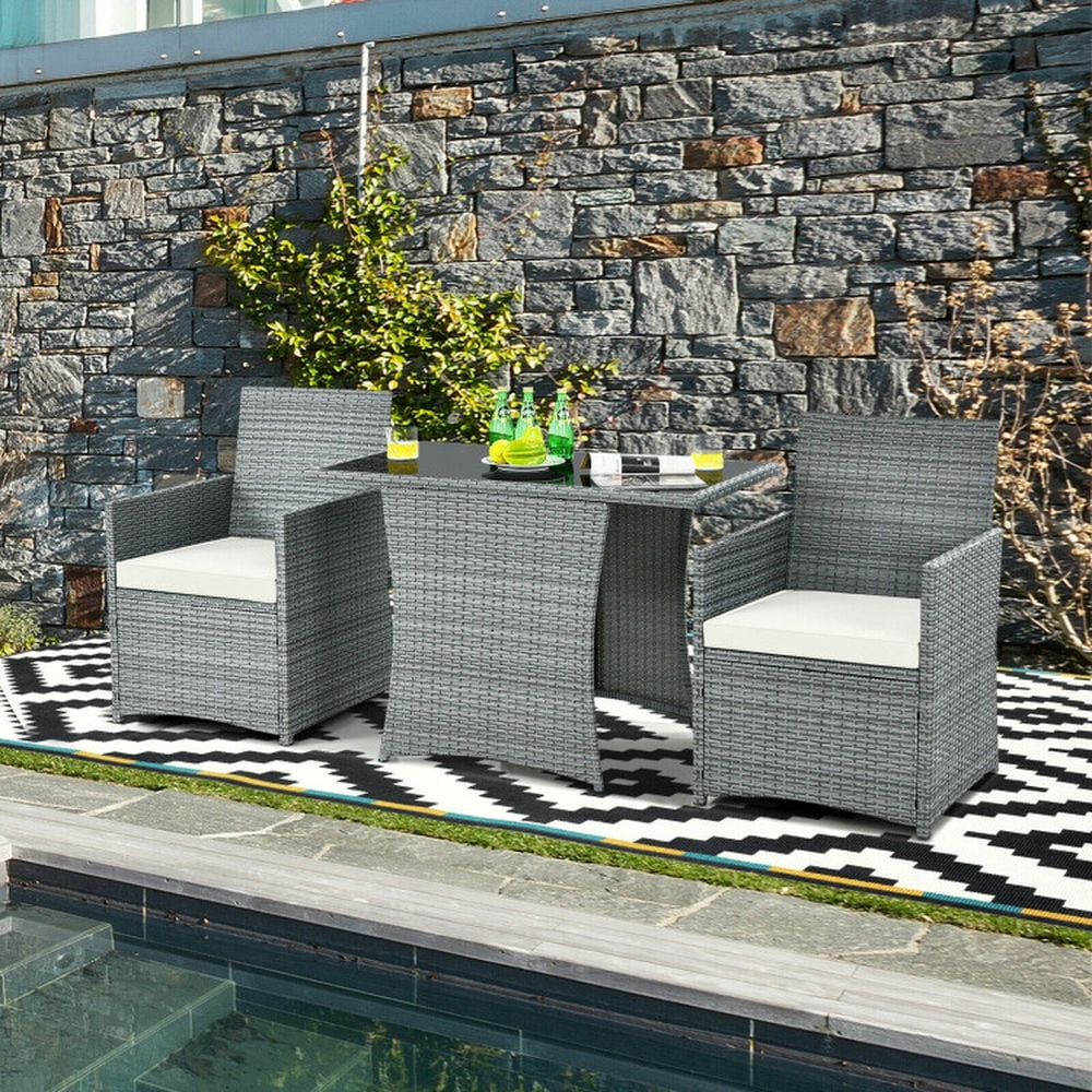 GVN Backyard Furniture Sets,Outdoor Furniture Sets,3 Pieces Patio Rattan Furniture Set with Cushioned Armrest Sofa-White
