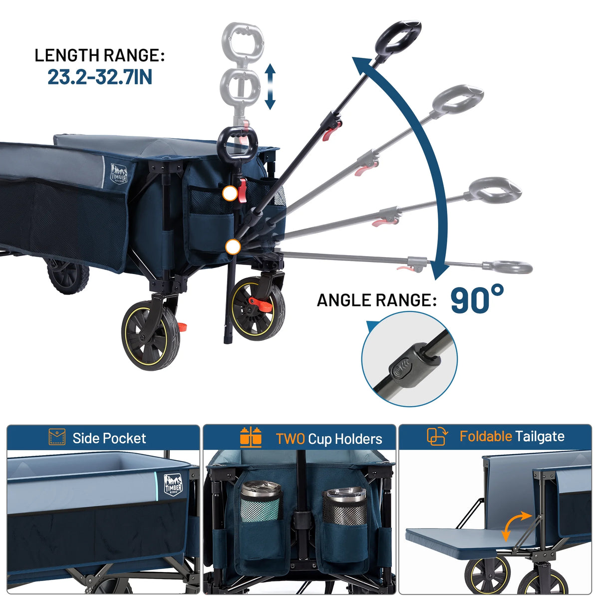 TIMBER RIDGE 250L Foldable Wagon with Tailgate and Brakes, 49" Extra Long Collapsible Heavy Duty 300 lbs Large Capacity Cart for Sports, Shopping, Camping, Blue