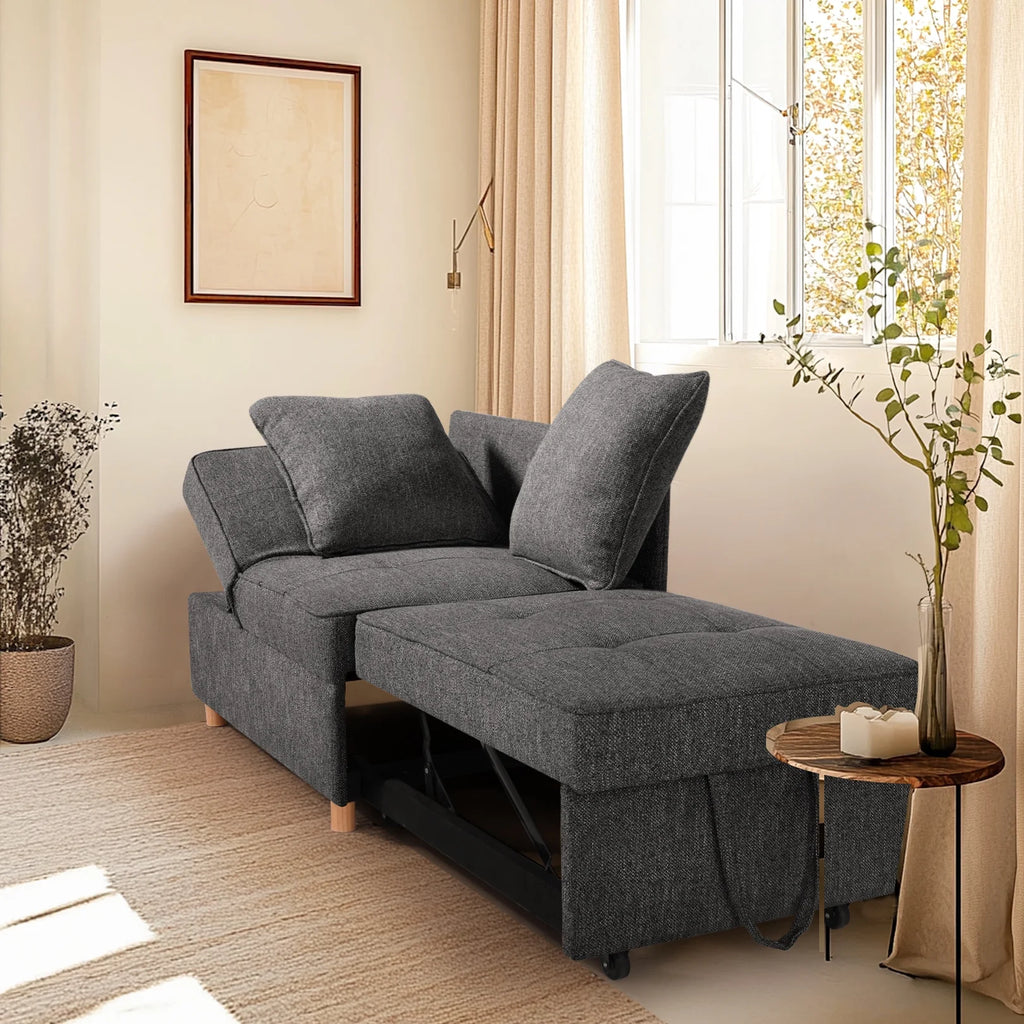SEJOV 4-in-1 Convertible Sleeper Chair Bed, Linen Sofa Bed for Small Space, Futon Sofa with 2 Throw Pillows for Living Room, Single Recliner with 5 Adjustable Backrest for Bedroom Apartment, Brown