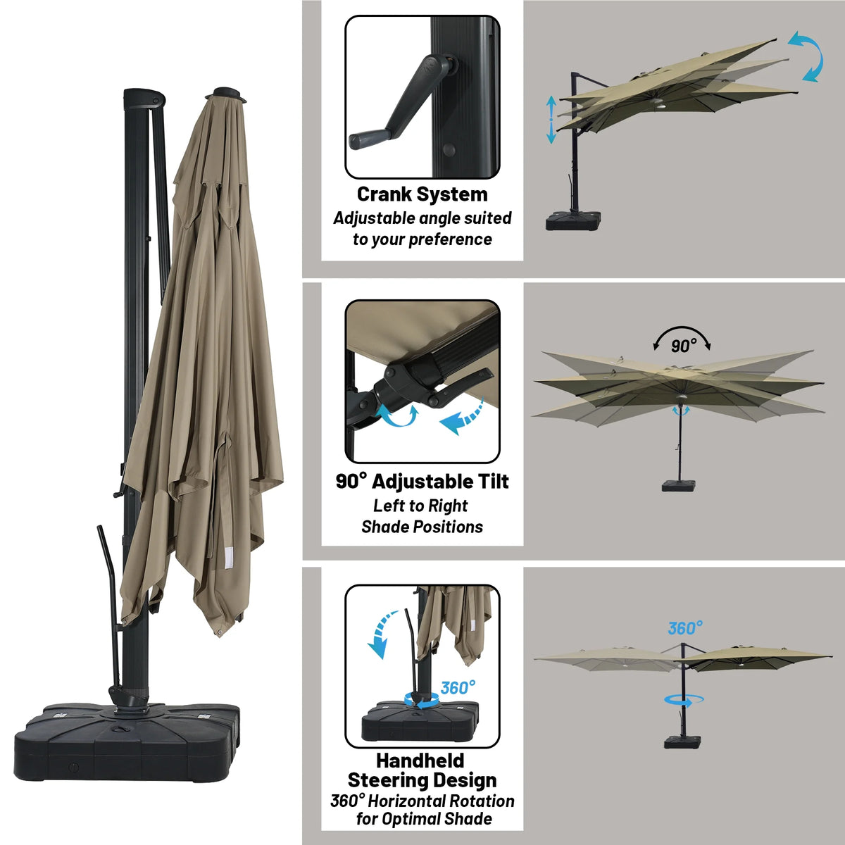 Boyel Living Cantilever Outdoor Patio Umbrellas, with Bluetooth Ambient Light & Base, Offset Square Umbrella for Pool Deck Garden Backyard, Navy Blue