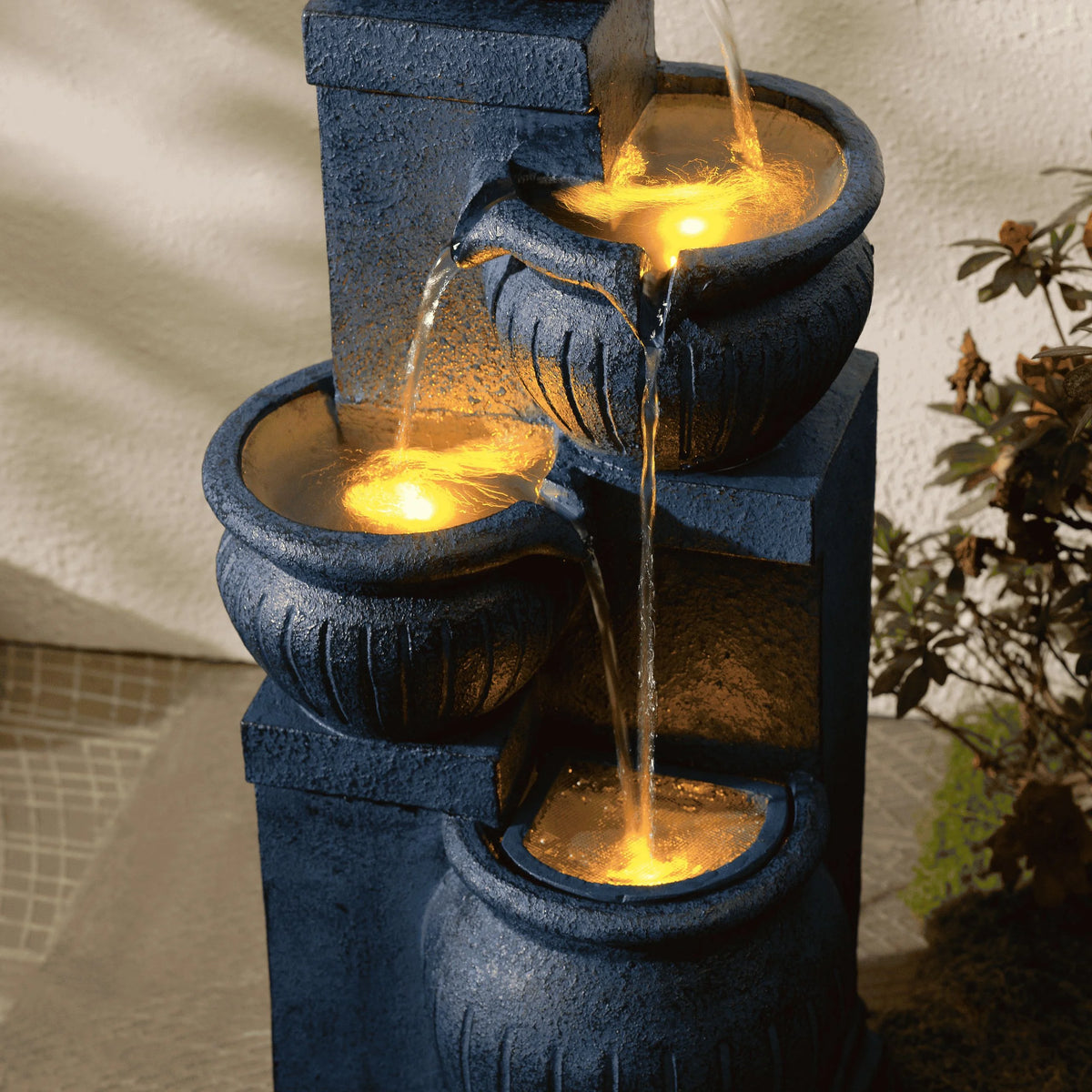 Teamson Home Outdoor Water Fountain with Lights 4-Tier Cascading Bowl Design with LED Light & Solar Pump, Solar-Powered Water Fountain Outdoor Garden, Yard, or Patio Dcor, Navy Blue