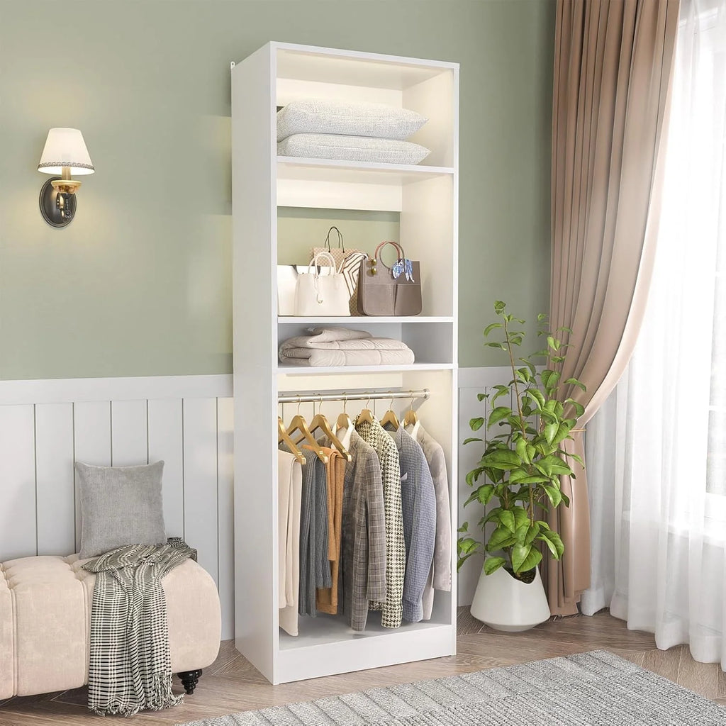 Homieasy 25 Closet System, Freestanding Closet Organizer Wardrobe with Hanging Rods and Shelves, Adjustable Clothes Garment Rack, Sturdy Walk in Closet Tower, White