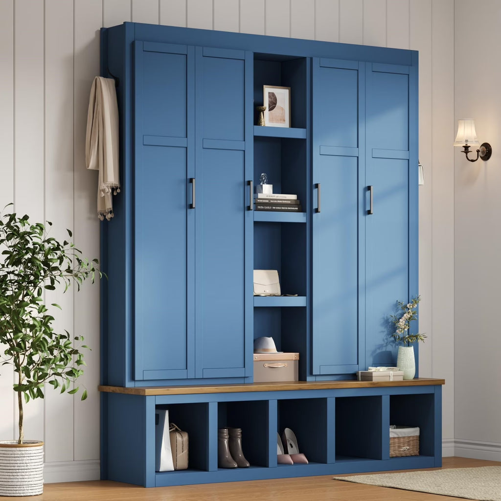 63" Farmhouse Hall Tree with Bench and Shoe Storage, 4-in-1 Entryway Bench with 4 Storage Cabinets, 5 Shoe Cabinets and 6 Hanging Hooks, Black