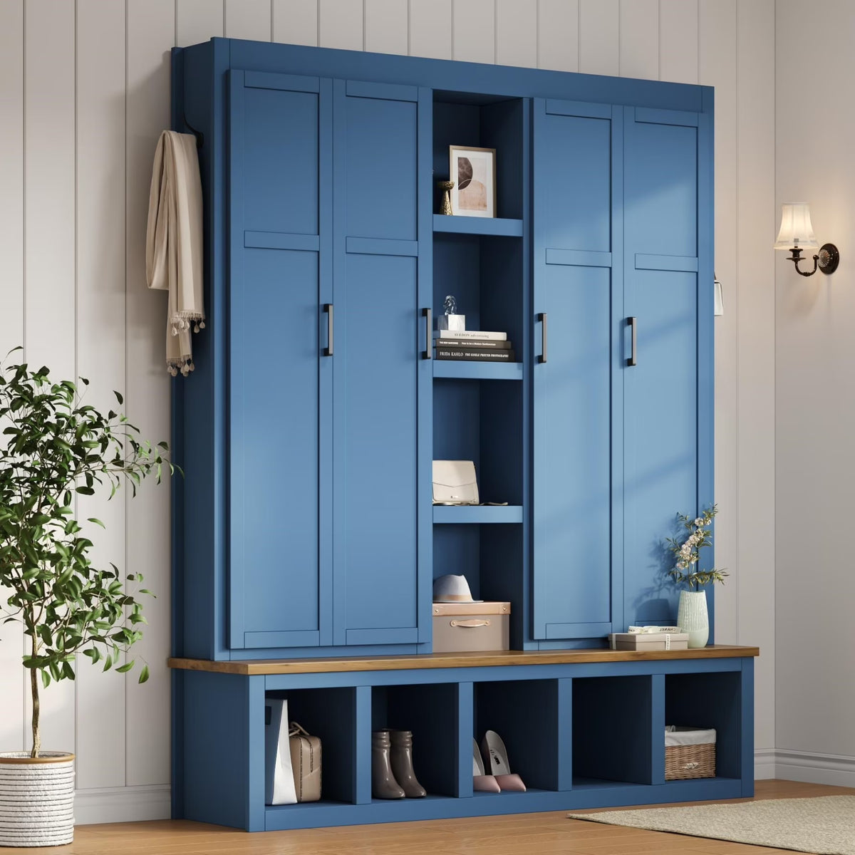 63" Farmhouse Hall Tree with Bench and Shoe Storage, 4-in-1 Entryway Bench with 4 Storage Cabinets, 5 Shoe Cabinets and 6 Hanging Hooks, Black
