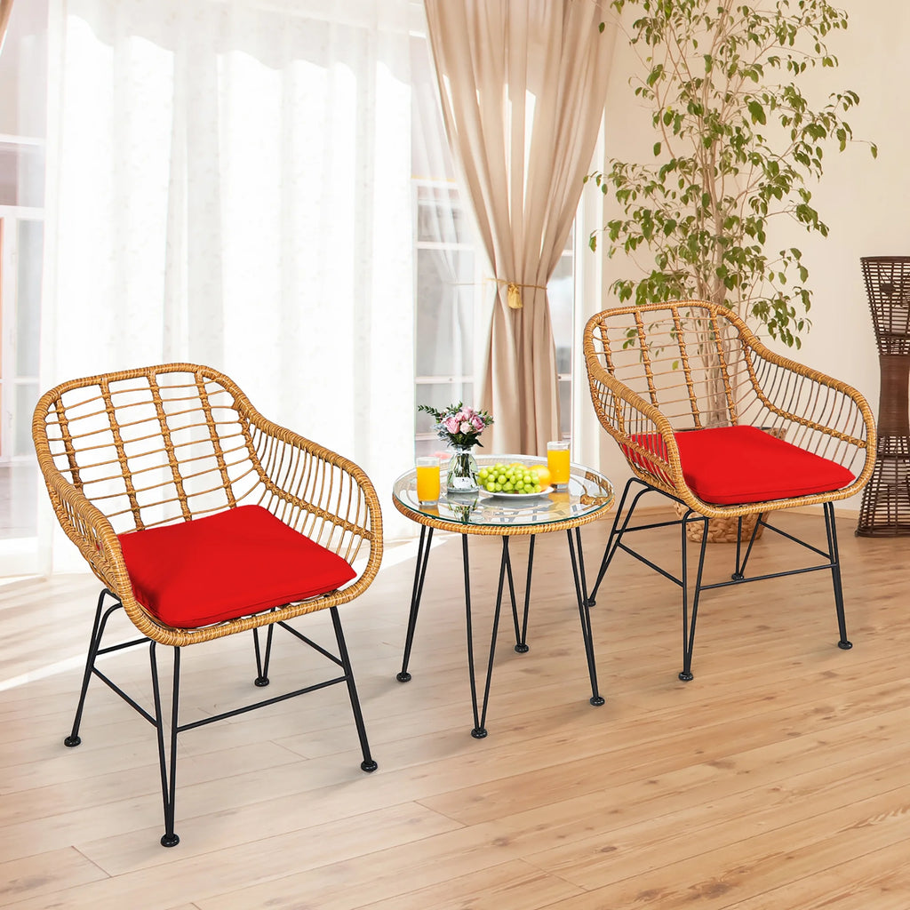 Costway 3PCS Patio Rattan Bistro Furniture Set Cushioned Chair Table Navy