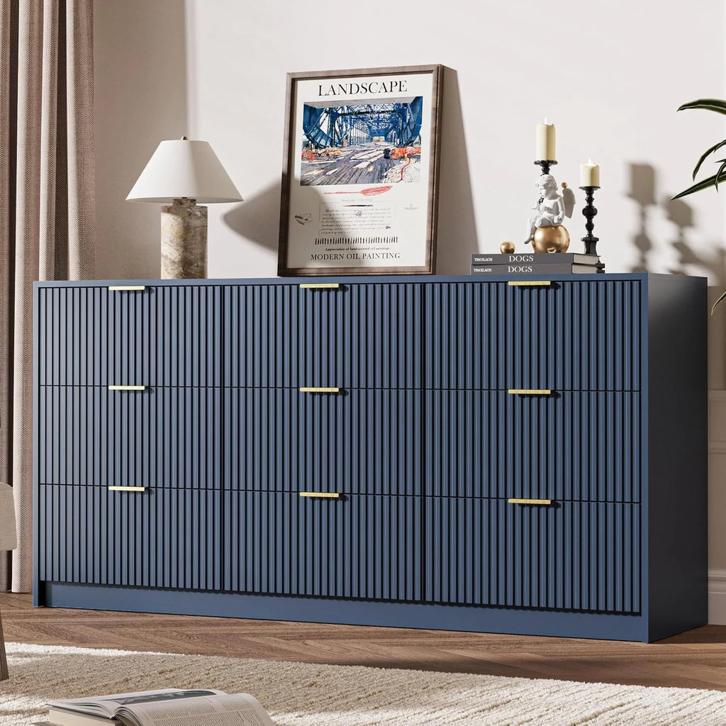 Furniway Fluted Large 9-Drawer Black Dresser