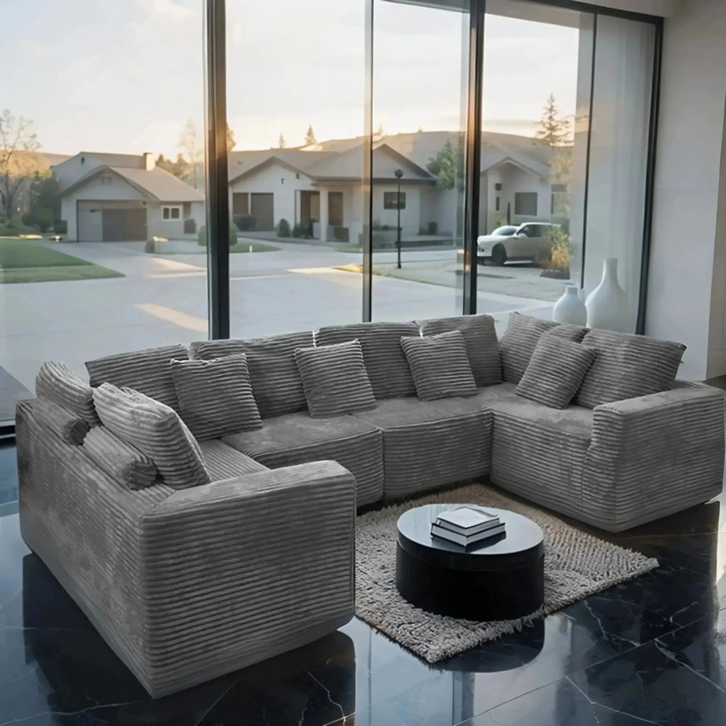 SOULART 135.5 Modular Customizable/L/U-Shape Sofa,Dark Grey Boneless Sectional Couch -  6-Seater Corduroy Couchfor Living Room Furniture
