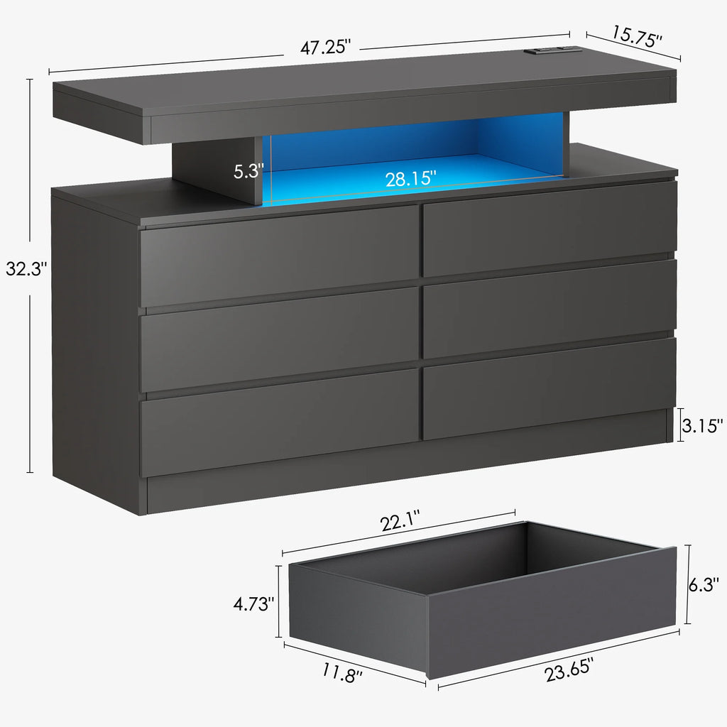 BEWISHOME Black 6-Drawer Dresser with LED Lights & Charging Station Modern Wood Storage Cabinet with Open Shelge Cabinet with Open Shelf, USB Ports & Outlets 47.24" Bedroom & Living Room TV Stand