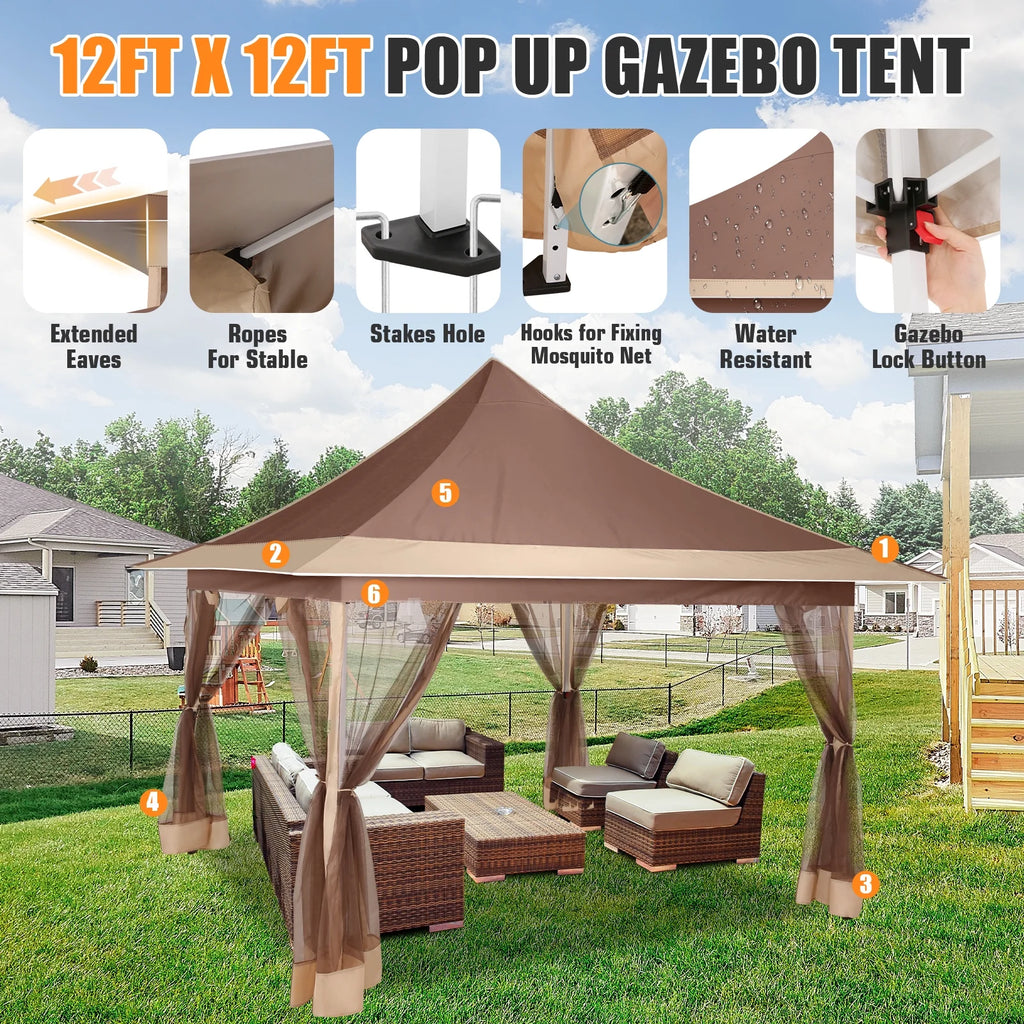 HOTEEL 12x12 Outdoor Pop-up Gazebo Canopy with Mosquito Netting 2-Tiered Vented Top 3 Adjustable Height for Backyard, Garden, Lawn,Light Grey