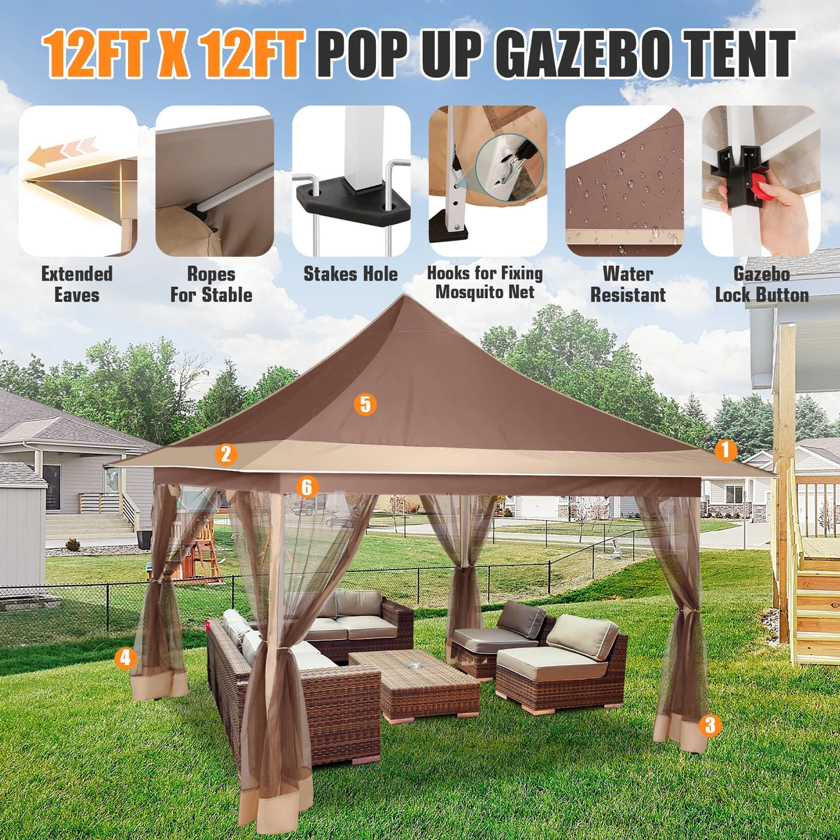 HOTEEL 12x12 Outdoor Pop-up Gazebo Canopy with Mosquito Netting 2-Tiered Vented Top 3 Adjustable Height for Backyard, Garden, Lawn,Light Grey