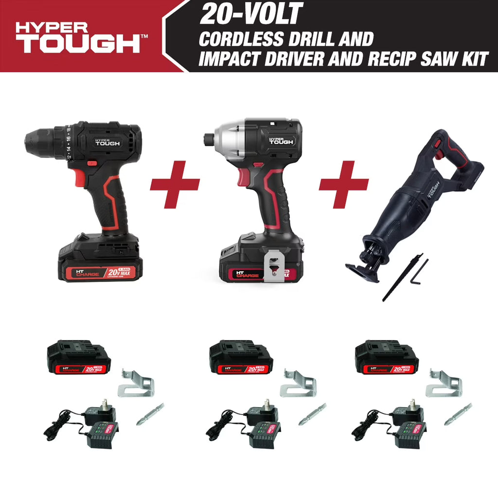 Hyper Tough 20V Cordless 3/8 Drill, 1/4 Impact Driver & Reciprocating Saw Bundle, (3) 1.5Ah Lithium-Ion Batteries & (3) Chargers