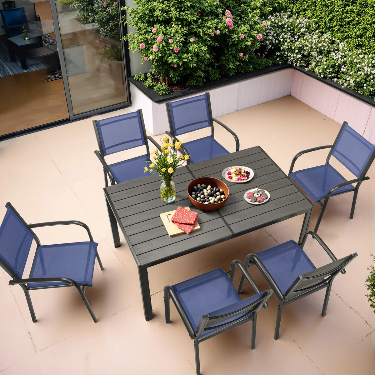 7 Piece Outdoor Dining Set, Patio Dining Table Set for 6 Persons, Garden Patio Textilene Dining Furniture Set with Plastic-Wood Tabletop, Dining Table Chairs Conversation Set for Deck Patio
