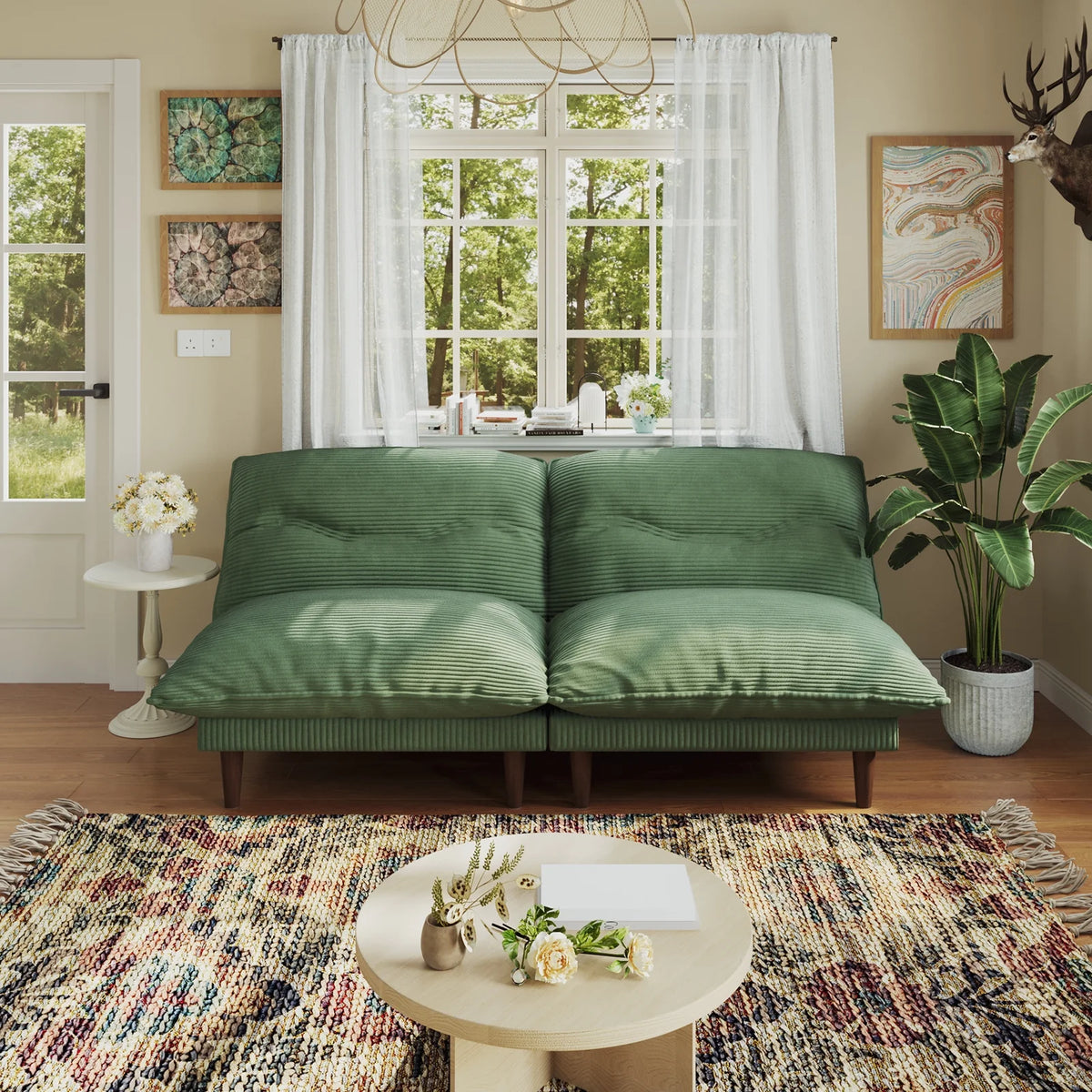 75" 4-in-1 Corduroy Futon Couch - Convertible to Lounger, Tatami & 2 Chairs, 3-Angle Adjustable Backrest, Solid Wood Frame, 300 LBS Capacity,Green