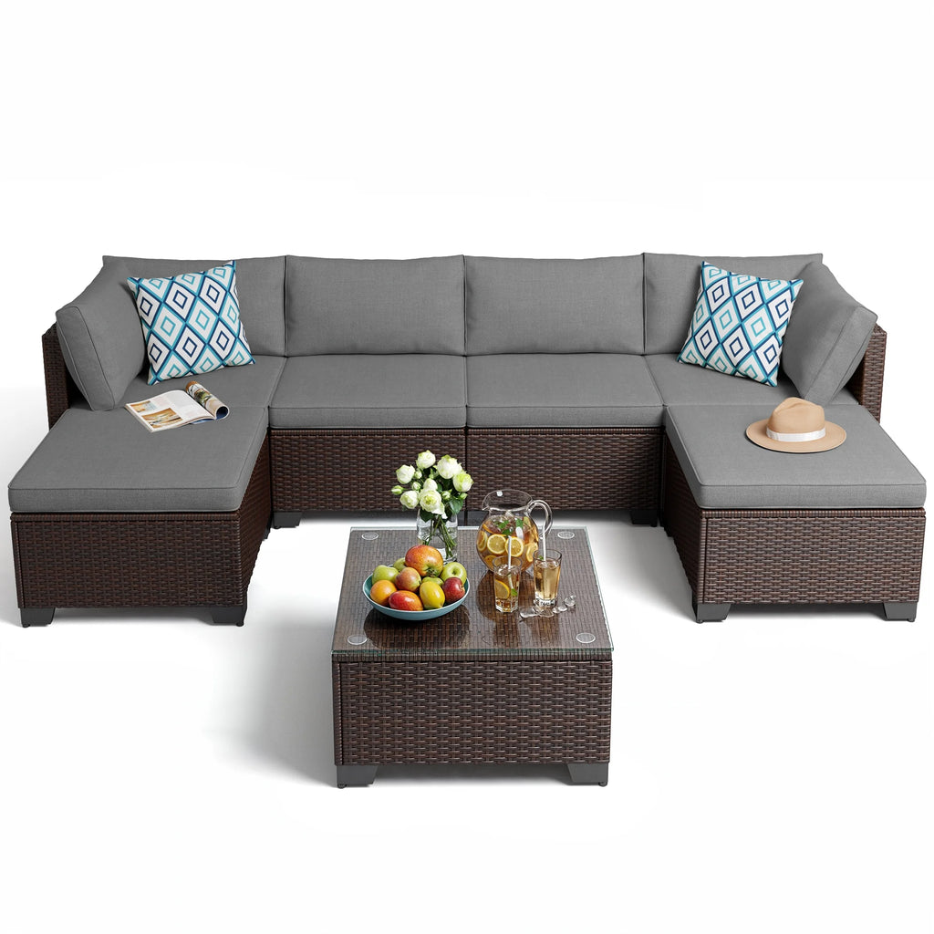 7 Piece Outdoor Patio Furniture Set, Asofer Rattan Wicker Outdoor Conversation Sectional Sofa Set, Gray