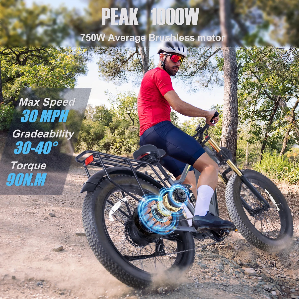 Electric Bike for Adults 26'', 1000W E-Mountain Bike 48V 30/20Ah UL2849 Removable Battery,Fat Tire Ebike up to 30MPH Off Road Beach Snow Electric Bicycles Full Suspension & Dual Hydraulic Disc Brakes
