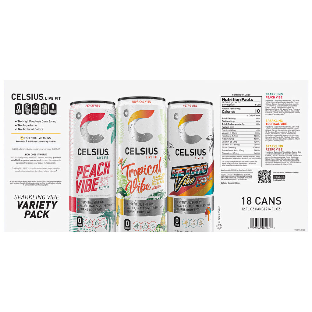Celsius Sparkling Energy Drink, Vibe Variety Pack, 12 fl oz, 18-count