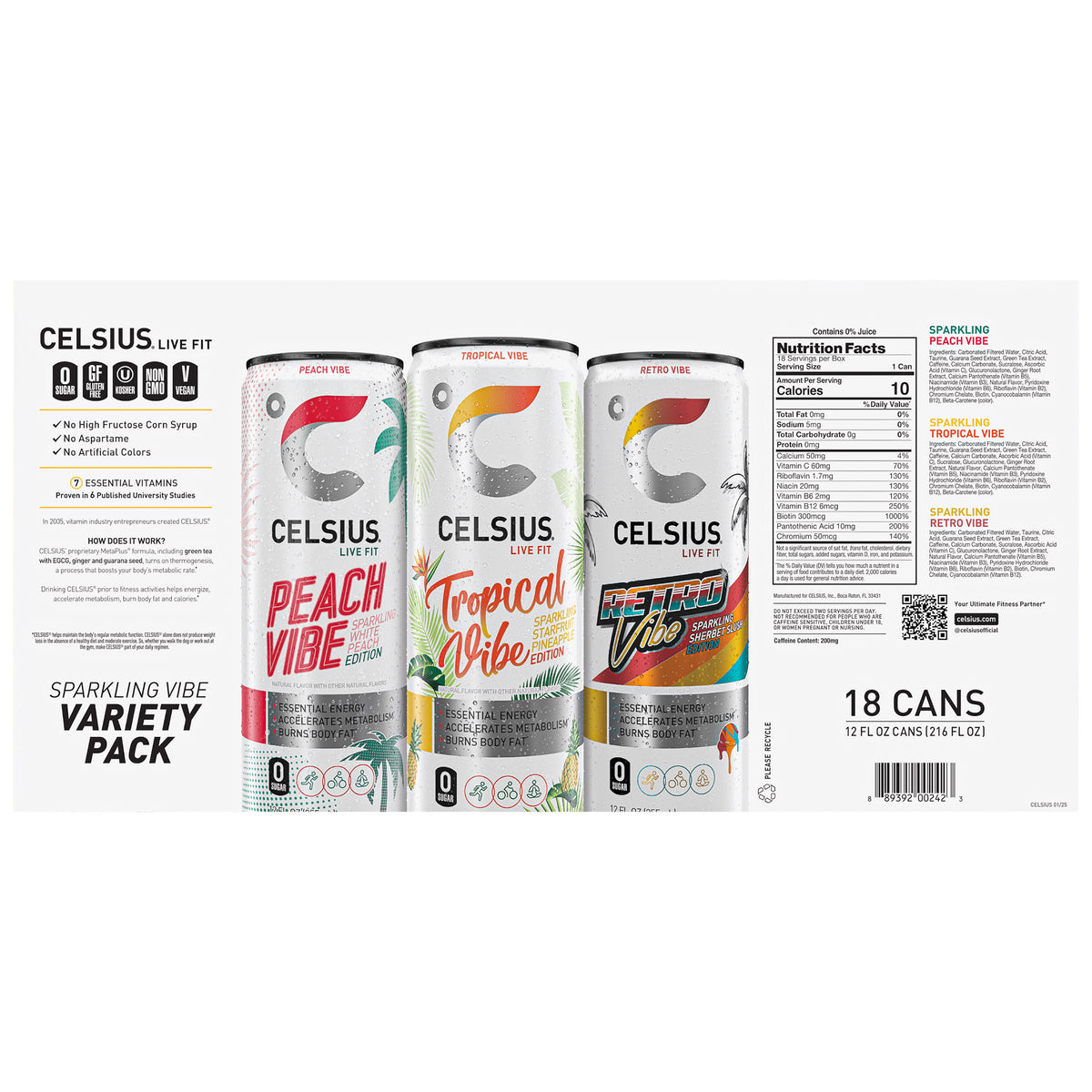 Celsius Sparkling Energy Drink, Vibe Variety Pack, 12 fl oz, 18-count