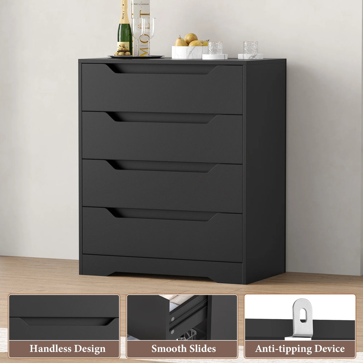 Homfa 4 Large Drawers Dresser, Modern Wood Chest of Drawers for Bedroom Hallway Living Room, White