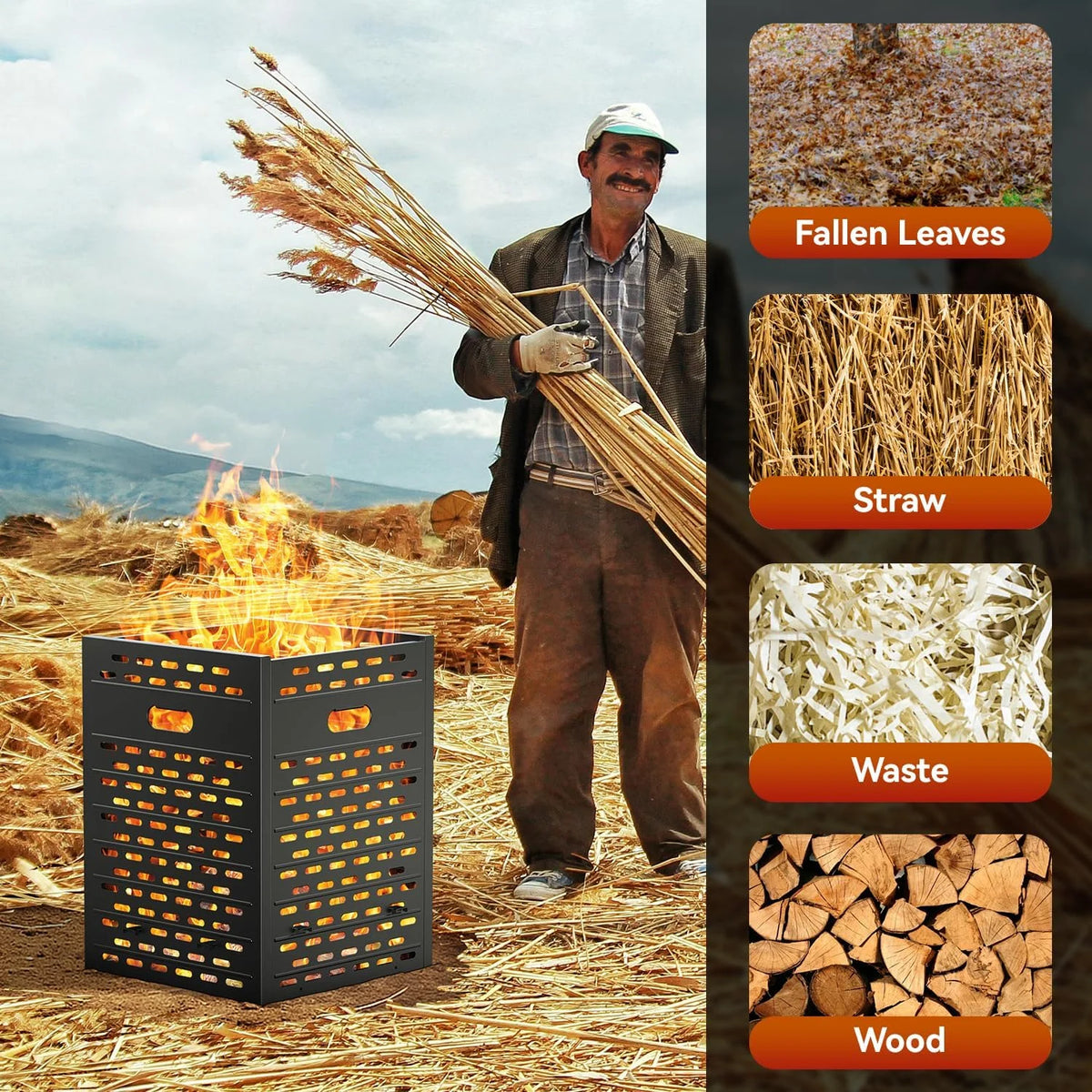 Burn Barrels for Outside for Burning Trash Incinerator Burn Cage for Paper Yard Waste,Heavy Duty Burn Cage with Base & Cover,Includes Tools for Burning Trash,Yard Waste,22x22x30 Inch
