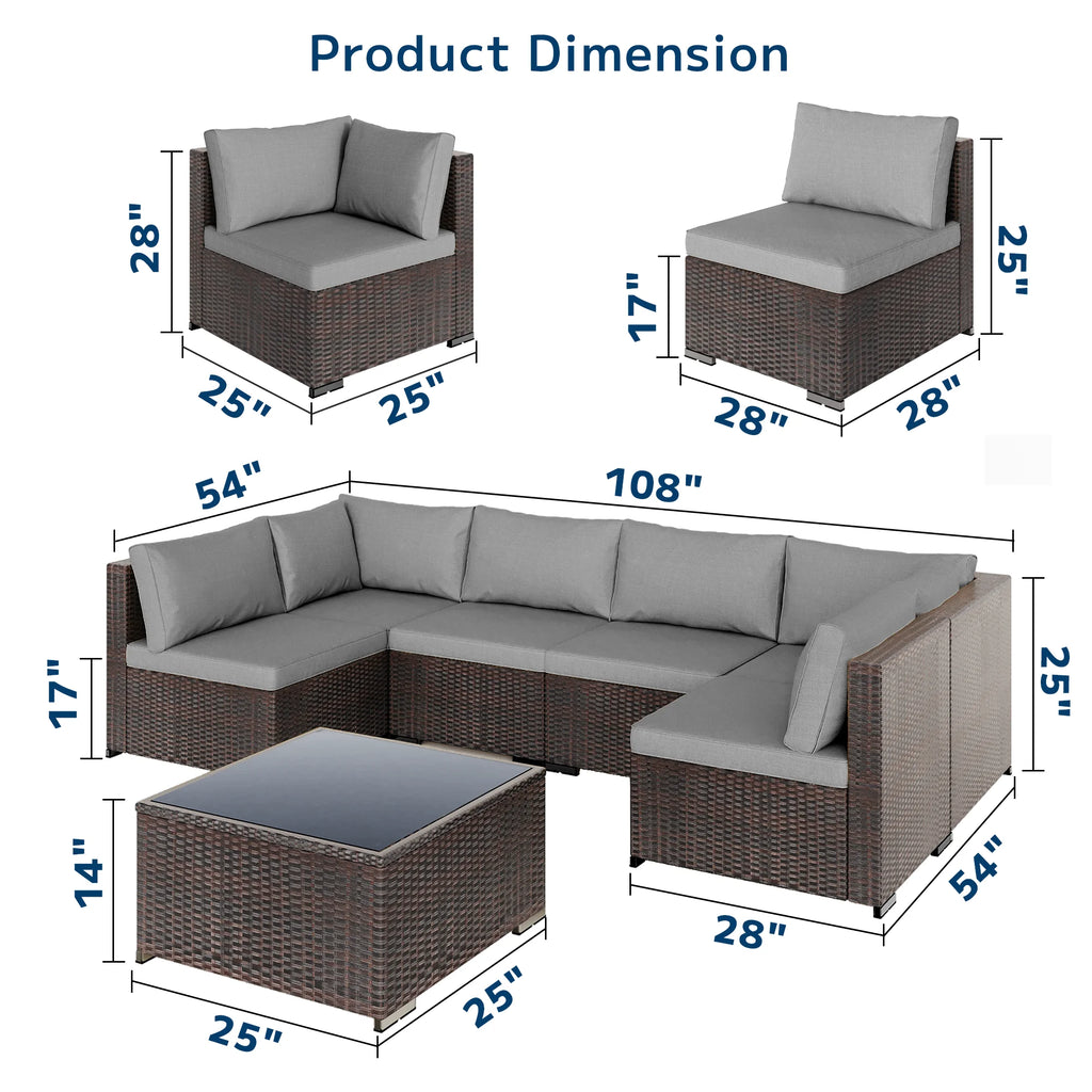 Patio Furniture Set, Lofka 7 Piece Outdoor Sectional Furniture Chair Set with Cushions and Coffee Table, Gray
