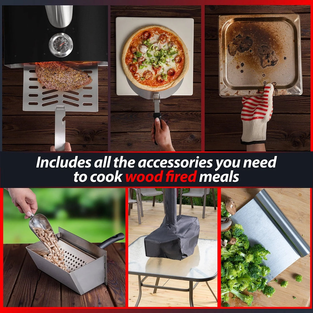 Deco Chef Outdoor Pizza Oven with 2-in-1 Pizza and Grill Oven Functionality, 13" Pizza Stone, Portable Stainless Steel Construction, Pizza Peel, Dough Scraper, Scoop, Slotted Grill (Black)