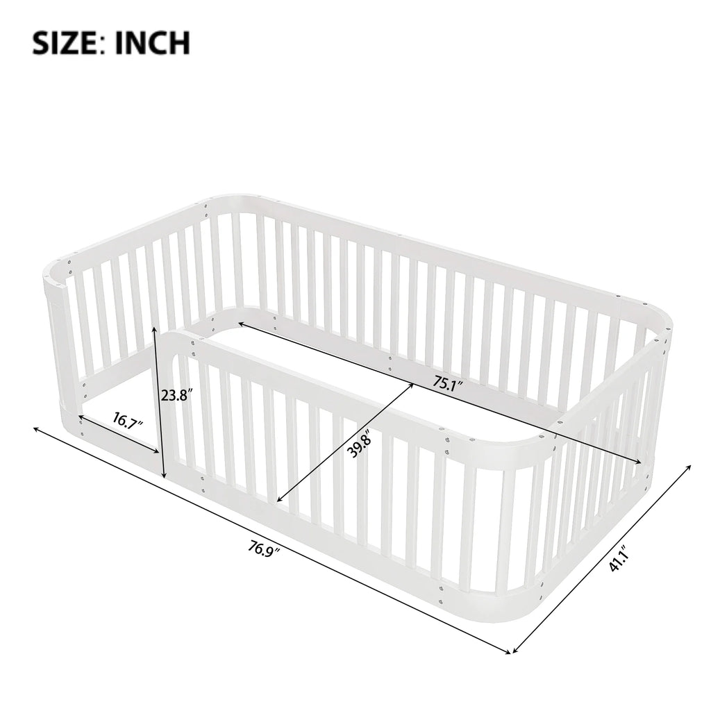 Euroco Twin Size Floor Bed with Fence for Kids Teens and Toddlers, White