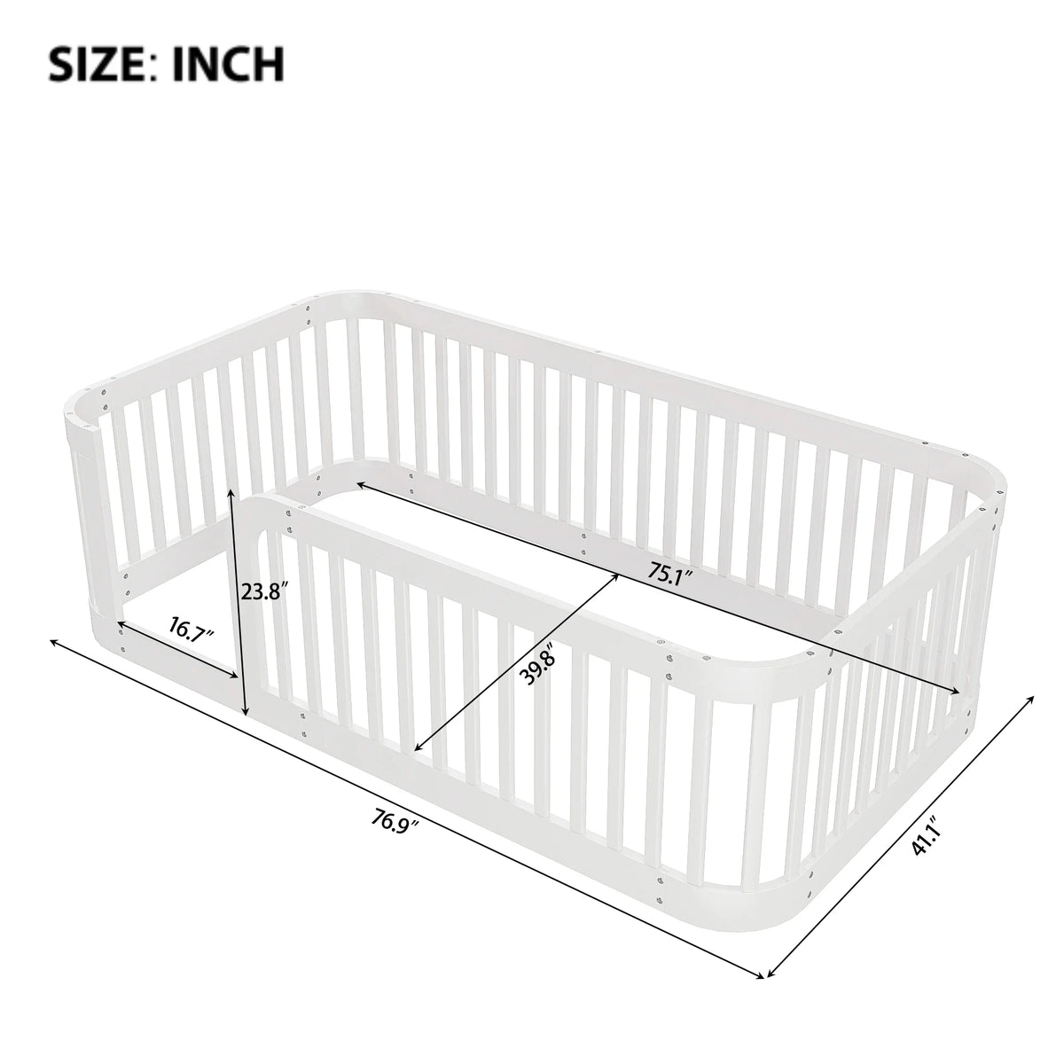 Euroco Twin Size Floor Bed with Fence for Kids Teens and Toddlers, White