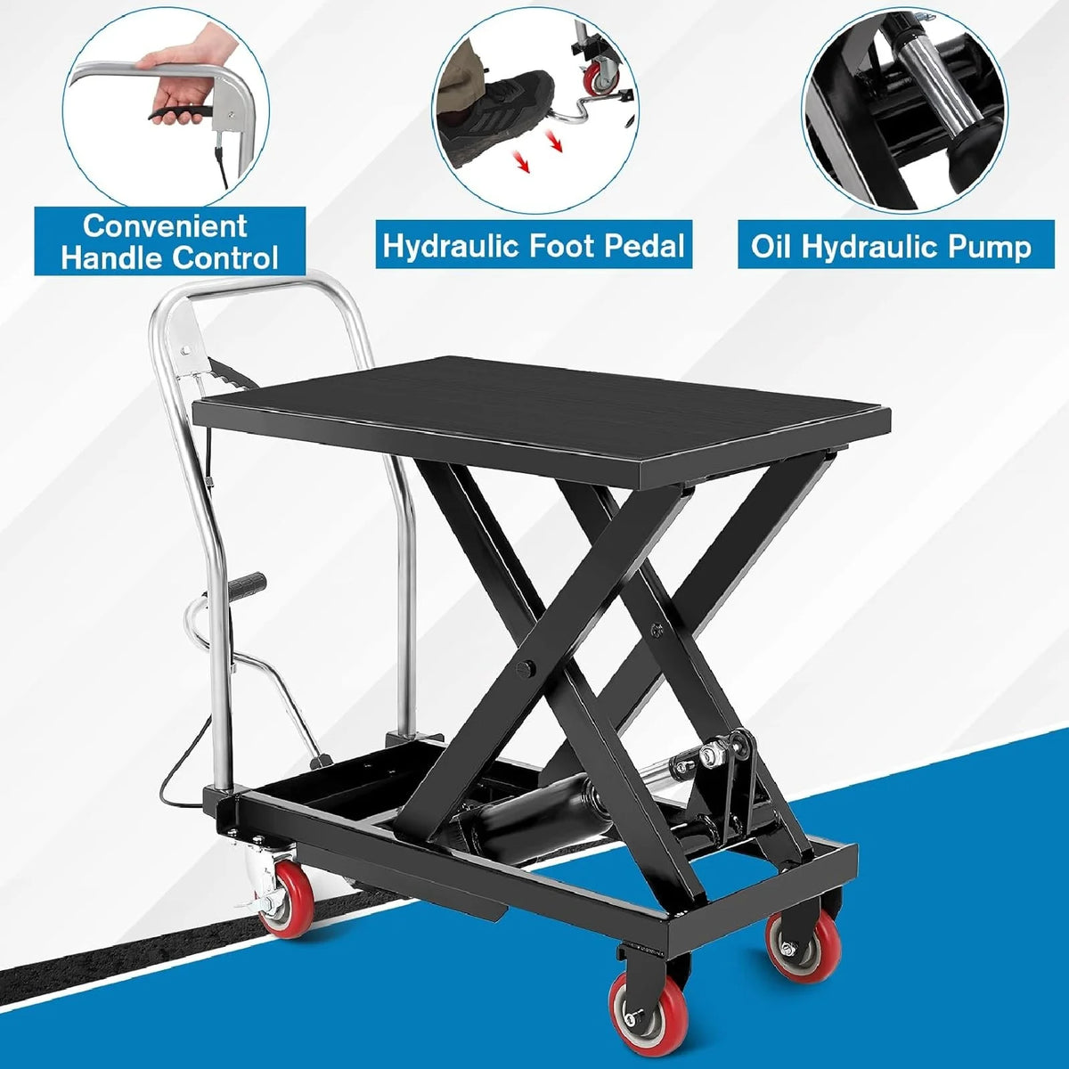 M optimized Hydraulic Lift Table, 500 Lbs Capacity Hydraulic Table Cart, Single Scissor Lift Cart 28.5 Inch Lifting Height with 4 Wheels and Non-Slip Pad for Material Handling, Black
