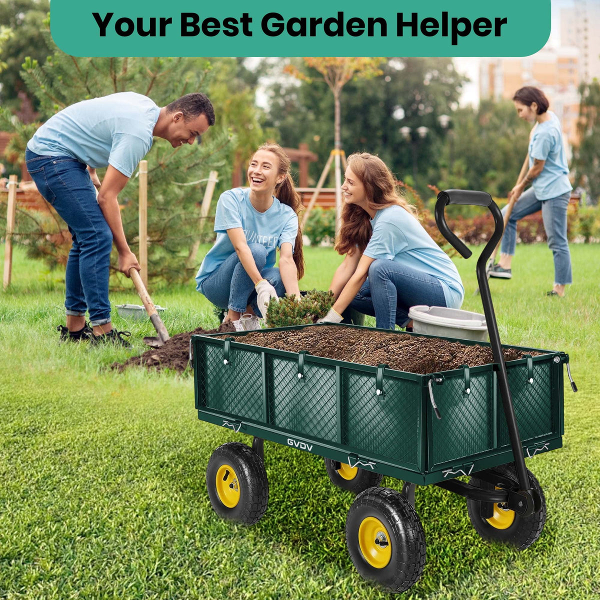GVDV Heavy Duty Steel Garden Cart with Liner, 660lbs Capacity, 3 Cu ft, 10" All-Terrain Wheels, Black/Yellow Durable Utility Cart for Yard Work, Hauling, and Outdoor Use