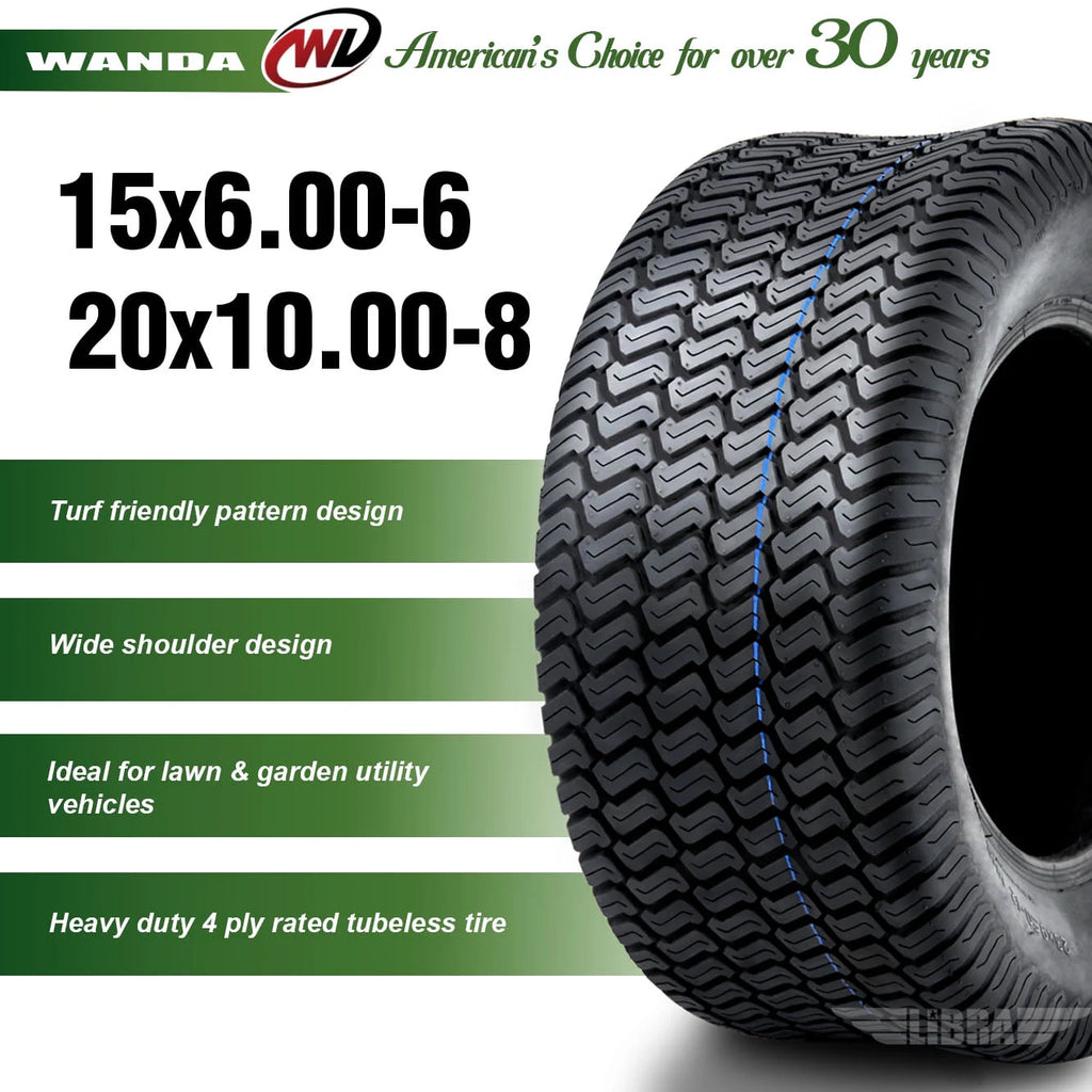 Set of 4 New Lawn Mower Turf Tires 15x6-6 Front & 20x10-8 Rear /4PR -13016-13040