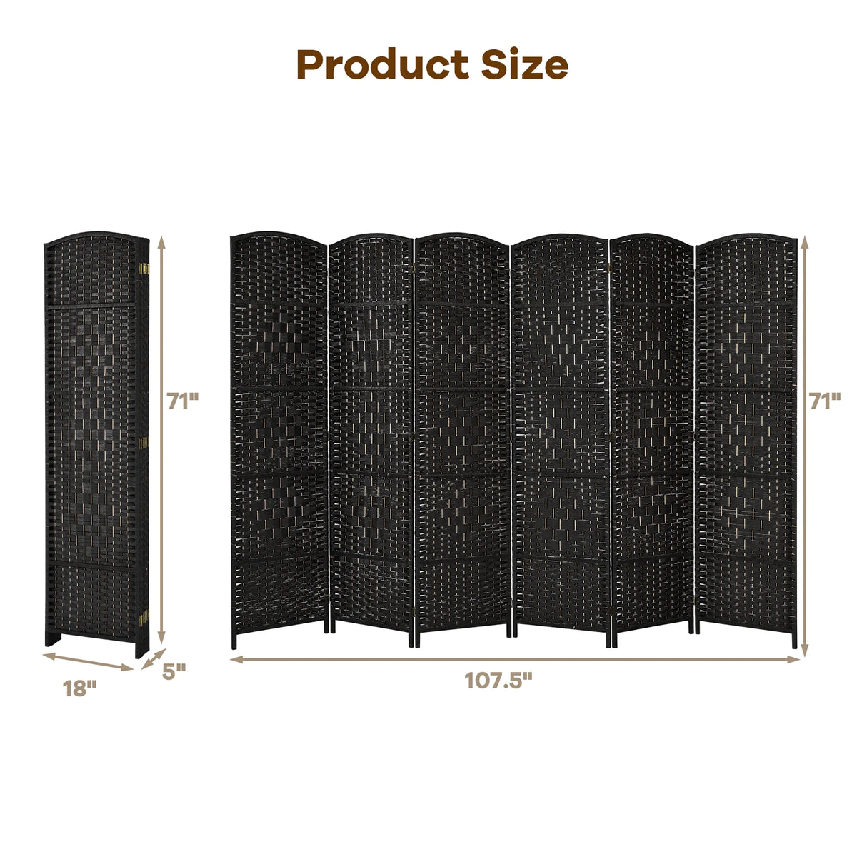 Costway 6-Panel Room Divider 6Ft Weave Fiber Folding Privacy Screen Brown