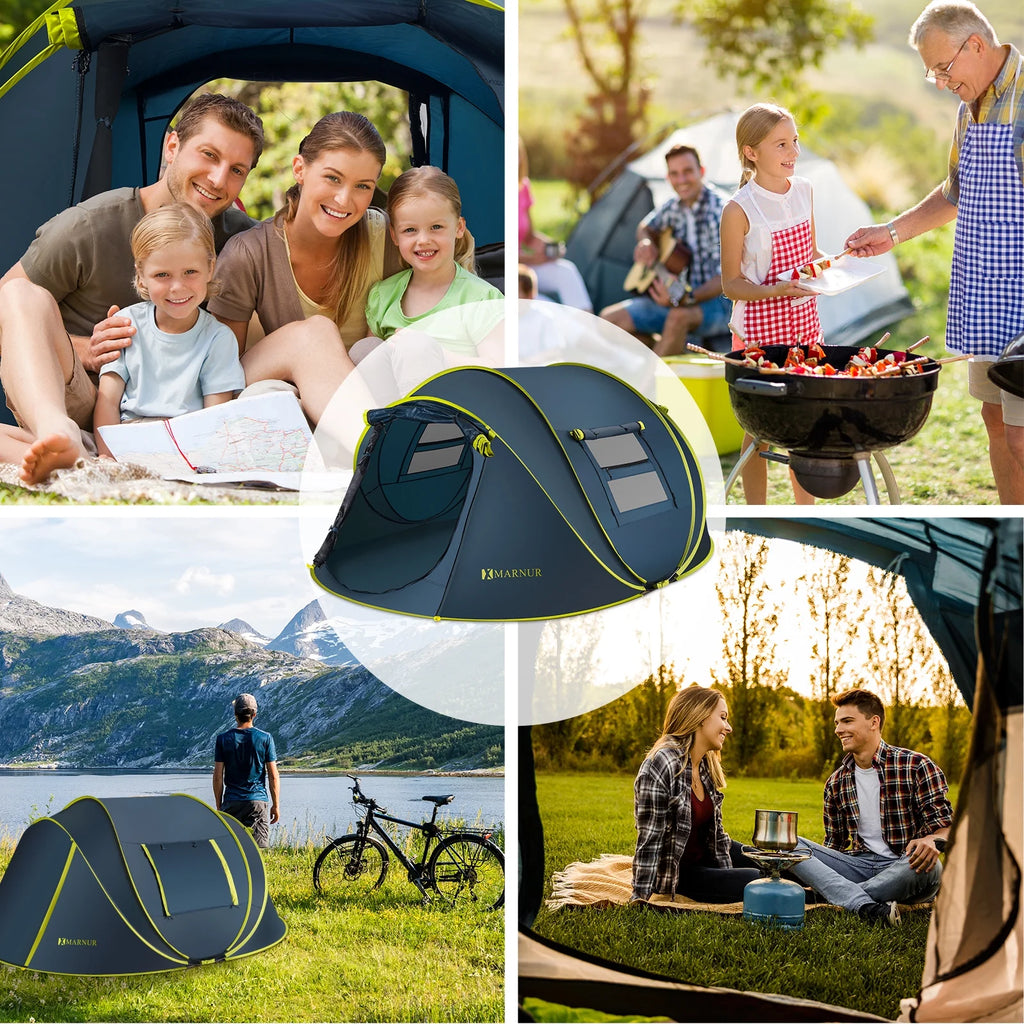 MARNUR Instant Tent 4-Person Camp Tent, Auto Setup Pop Up Tent, Pordable, Huge Door & Windows, Dark Blue