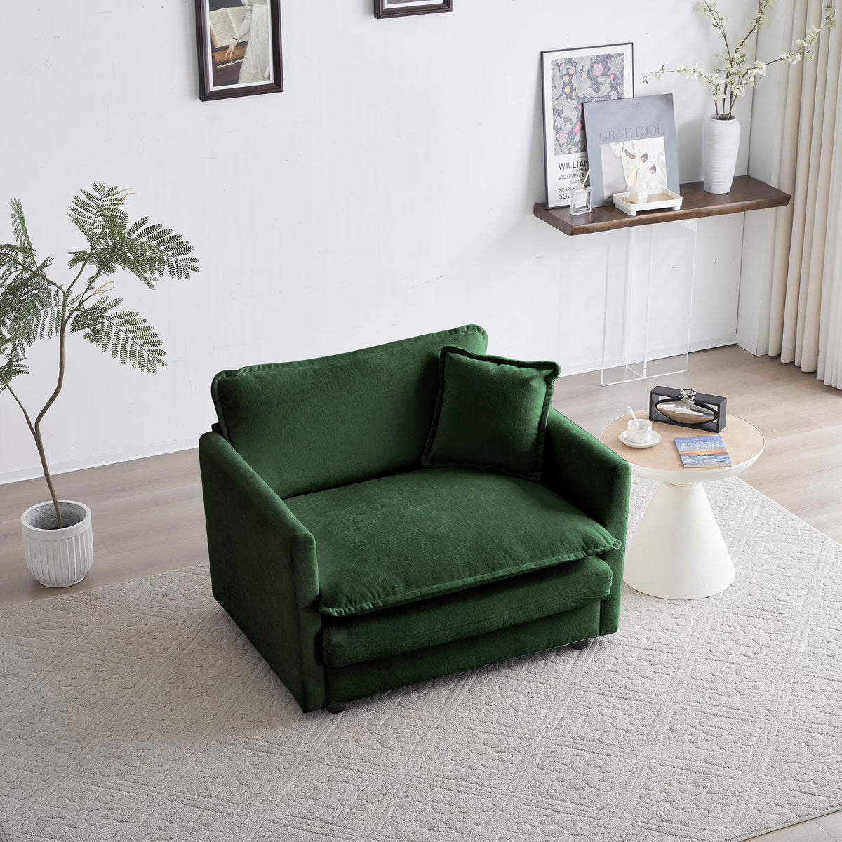 Comfy Deep Seat Sofa Chair, Upholstered Chenille Fabric Armchair with Toss Pillow for Living Room, Bedroom - Beige, Sturdy Wood Frame, 22+ Combination Options