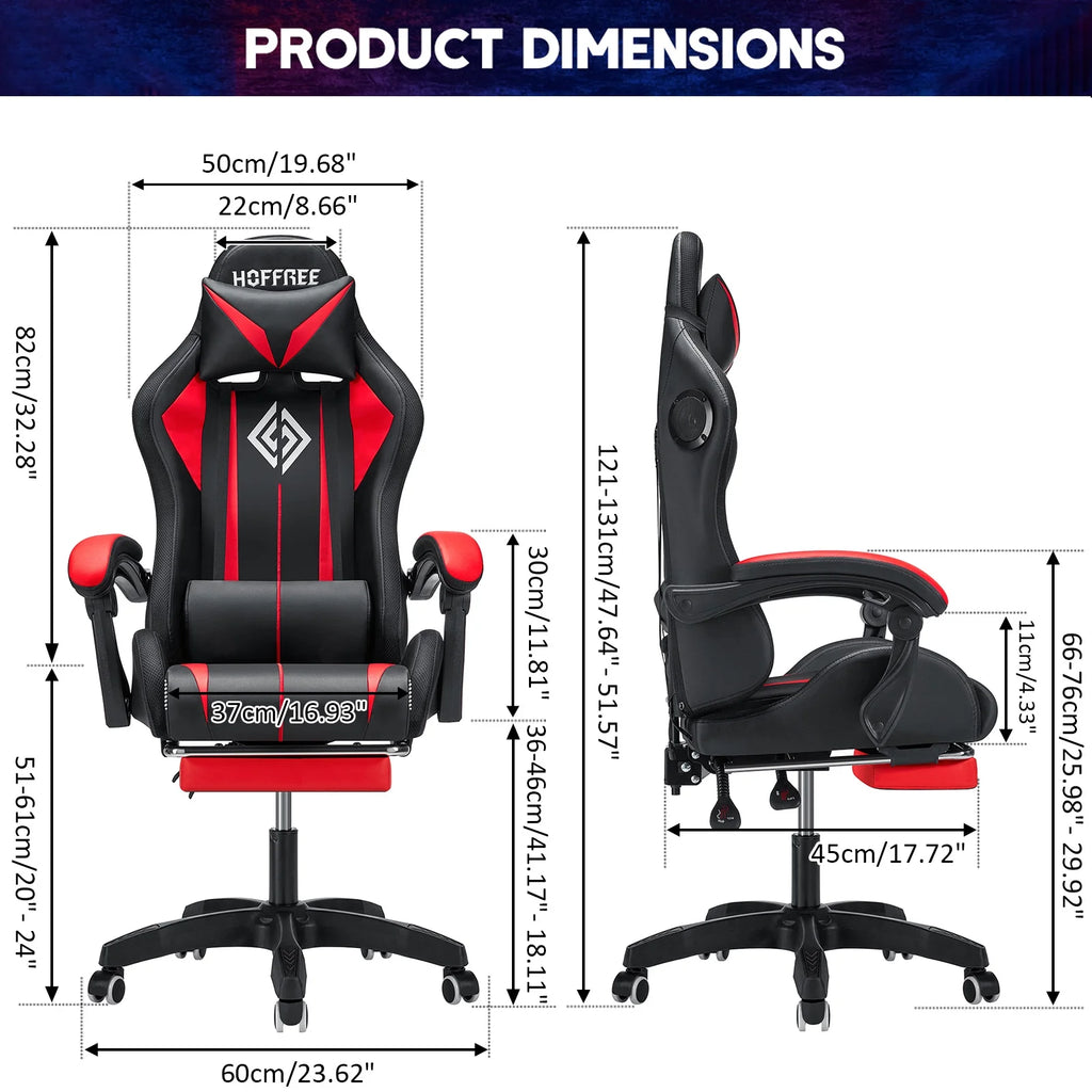 Hoffree Gaming Chair with Bluetooth Speakers and Footrest Massage Office Chair with LED Lights Ergonomic Game Chair High Back with Lumbar Support and Headrest Adjustable Swivel for Adults 300lb