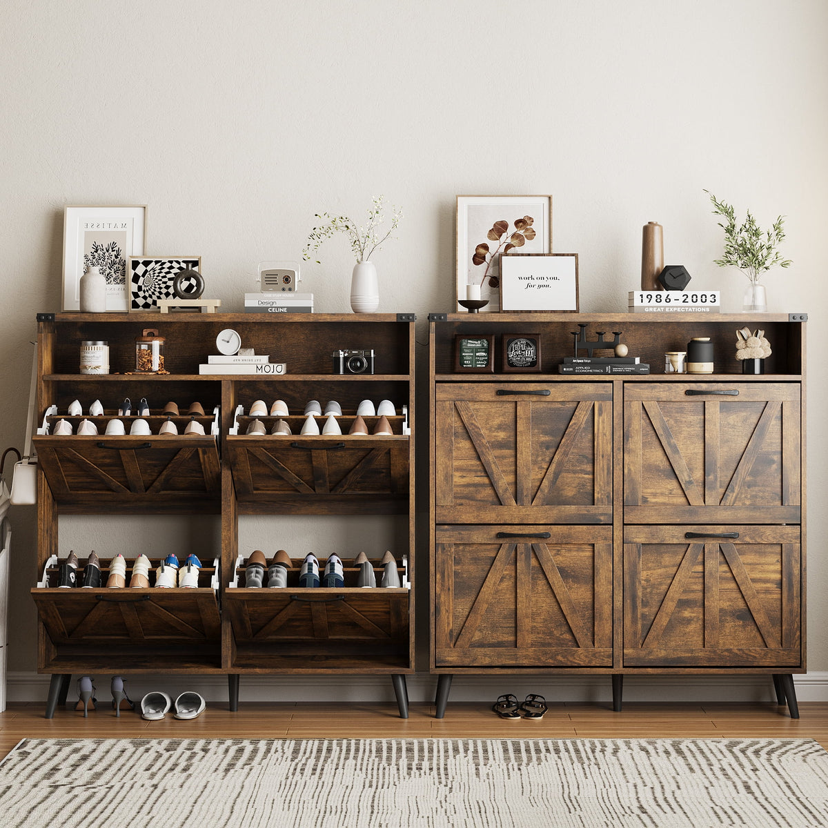 Veanerwood Shoe Cabinet with 2 Flip Drawers Farmhouse Shoe Storage Cabinet Organizer for Entryway, Gray