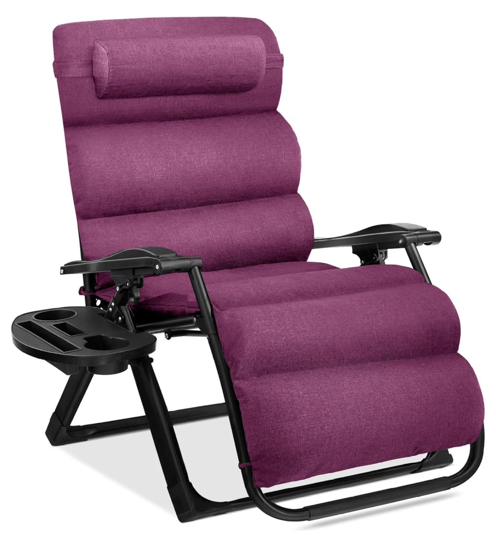 Oversized Chair, Folding Outdoor Patio Recliner, XL Anti Gravity Lounger w/Removable Cushion, Cup Holder, Side Tray, 350lb Capacity - Taupe