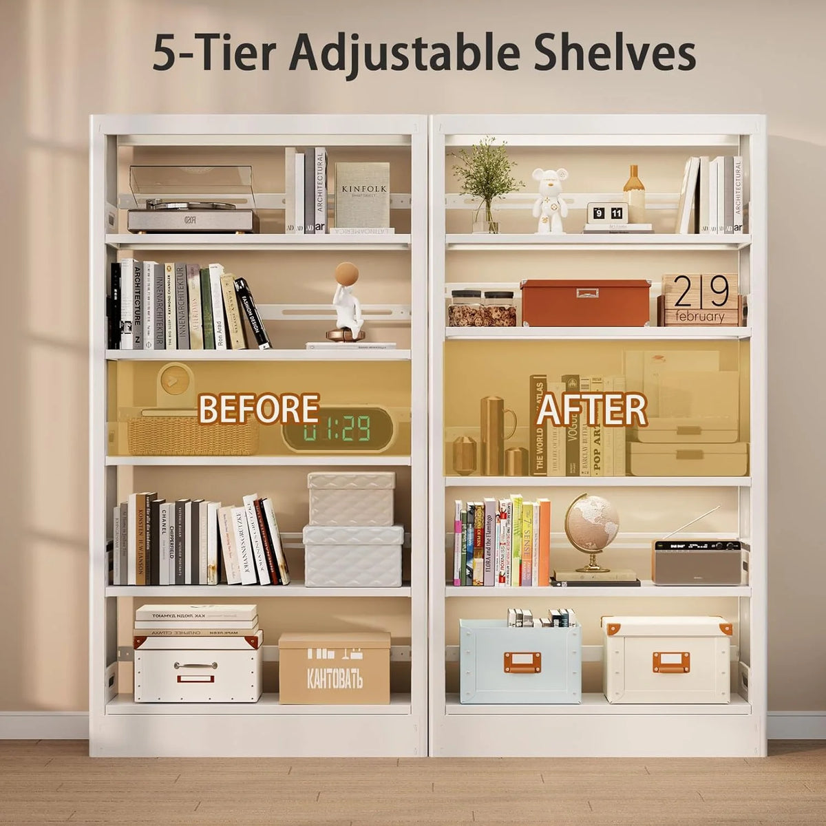 5 Tier White Metal Bookshelf, 71" H Bookcase with Adjustable Shelves,Heavy Duty Storage Bookshelves Tall Bookcase for Library,Office,Bedroom,Living Room,Classroom,Including Book Stopper(White)