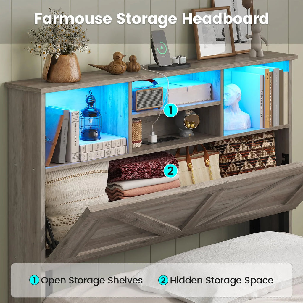 Twin Bed Frame with 4 Storage Drawers and Charging Station, Farmhouse Wooden Led Twin Bed with Storage Hidden Space Headboard and Metal Slats, Gray