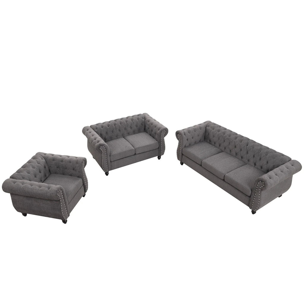 Classic 3 Seater Button Tufted Sofa, Upholstered Couch with Nailhead Rolled Arms Removable Cushions for Living Room Office Bedroom