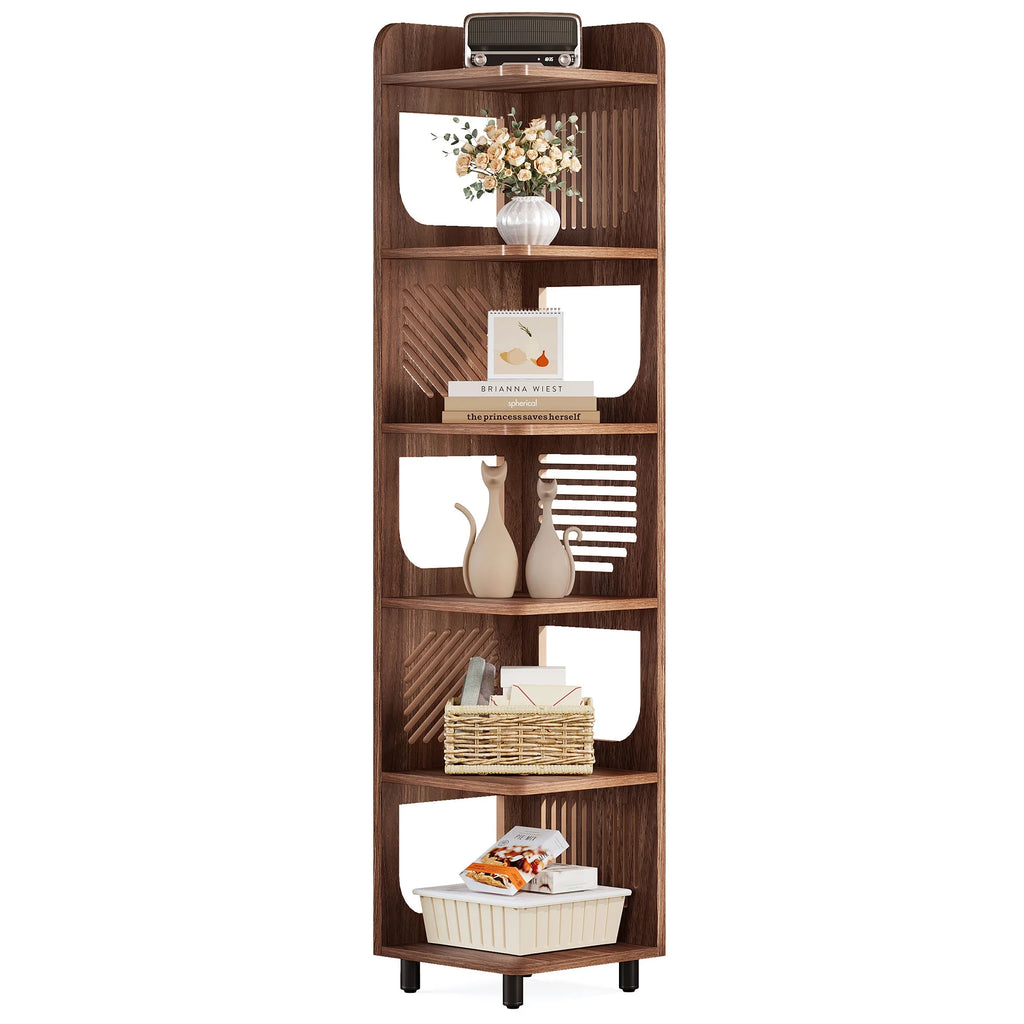 Fnova 71" 6-Tier Tall Corner Bookshelf, Rustic Wooden Narrow Corner Bookcase with Artistic Square Rack, Freestanding Display Storage Shelf for Space-Saving Home Organizing