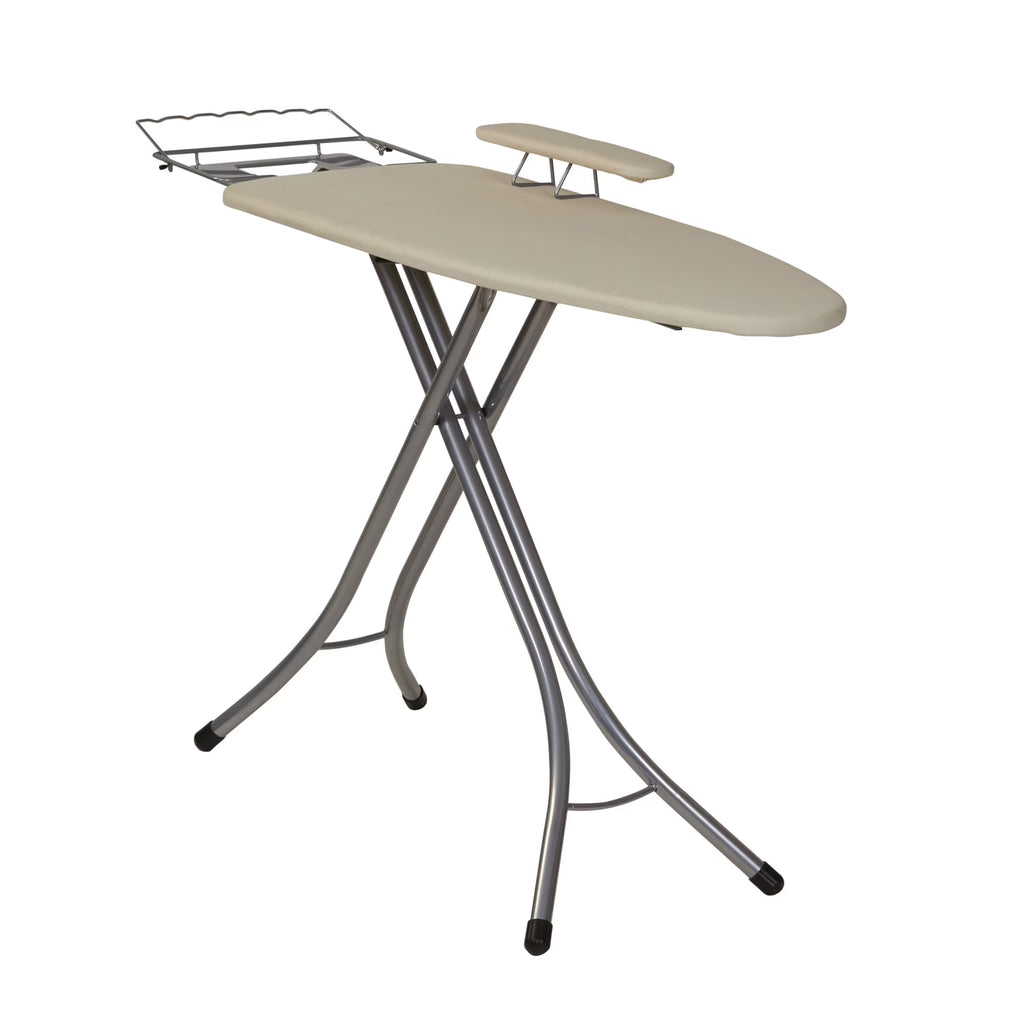 Household Essentials Wide Mega Ironing Board 4-Leg, Steel Top Pressing Station, Heat-Resistant Fiber Pad and Cotton Cover, Includes Sleeve Board and Iron Rest with Hanger Bar, Silver Frame