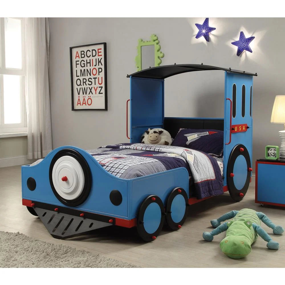 ACME Tobi Train Twin Bed with Metal Frame in Blue and Red and Black