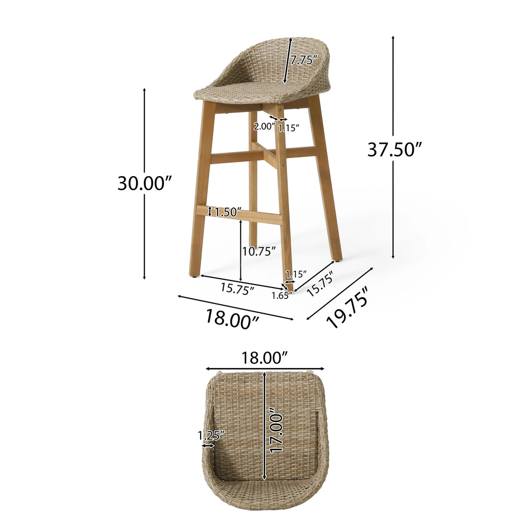 Borah Wicker and Acacia Wood Outdoor Barstools, Set of 4, Light Multibrown and Teak