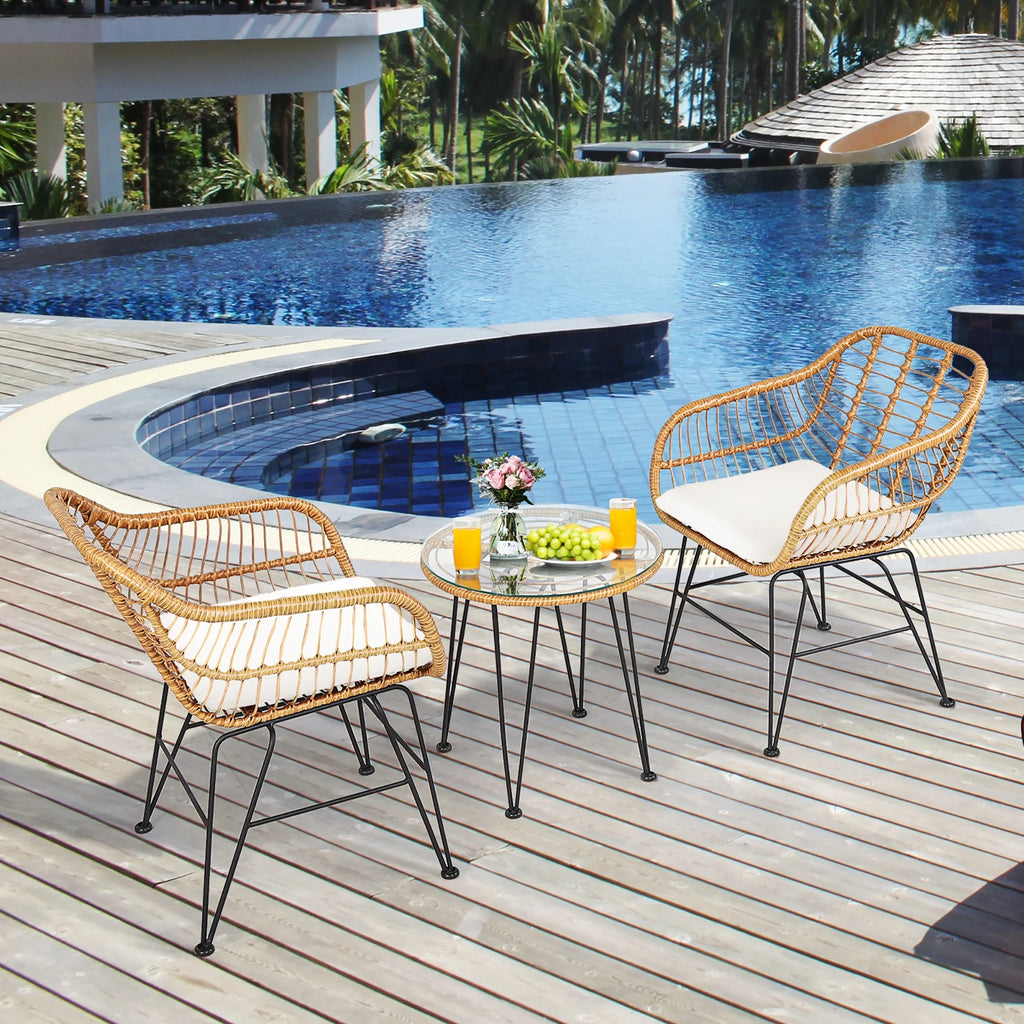 Costway 3PCS Patio Rattan Bistro Furniture Set Cushioned Chair Table Navy
