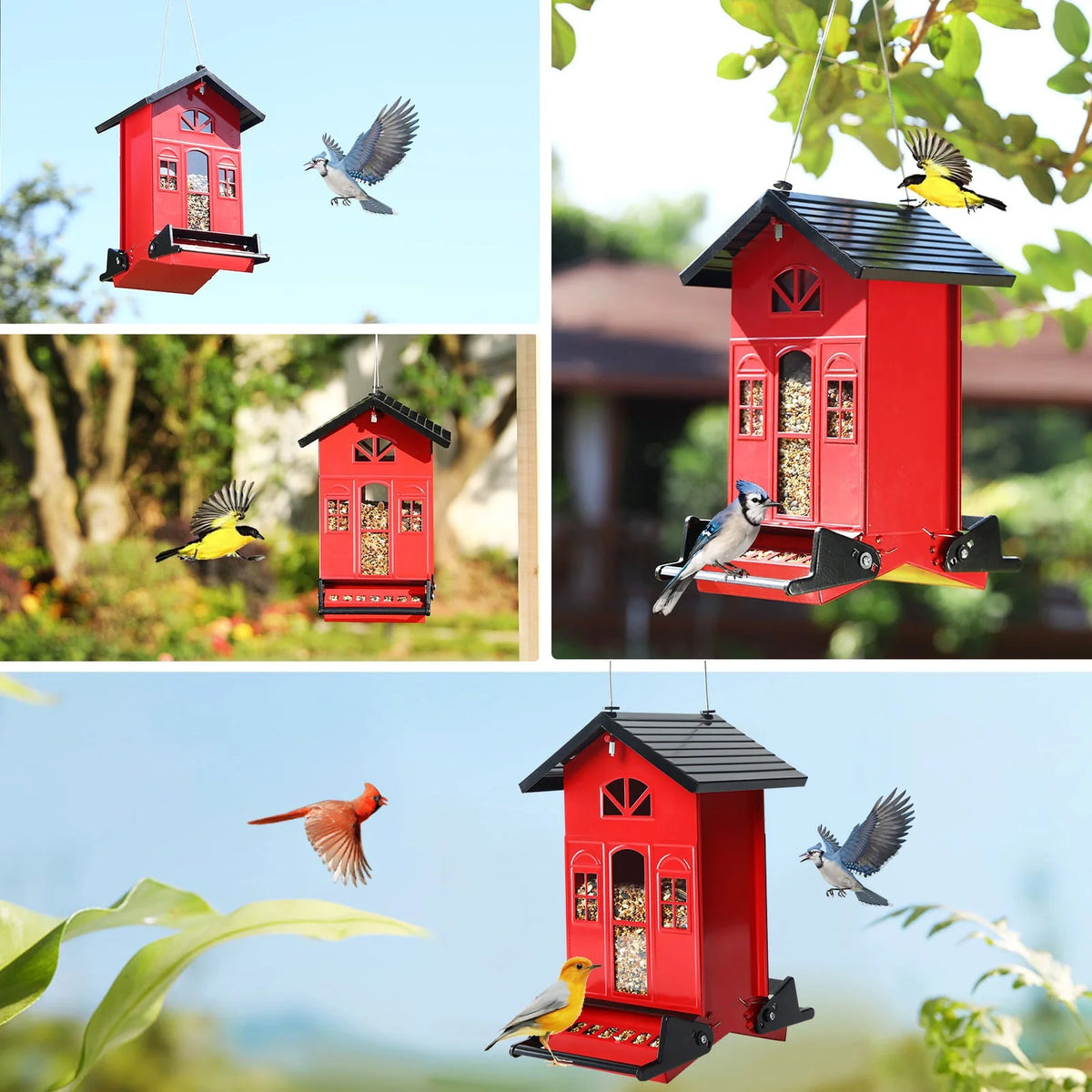Birdkiss 5lbs Squirrel-Proof Wild Bird Feeder with Bilateral Weight-Activated Perches, 14 Feeding Ports, Outdoor Bird Feeder for Garden Yard Outside, Red