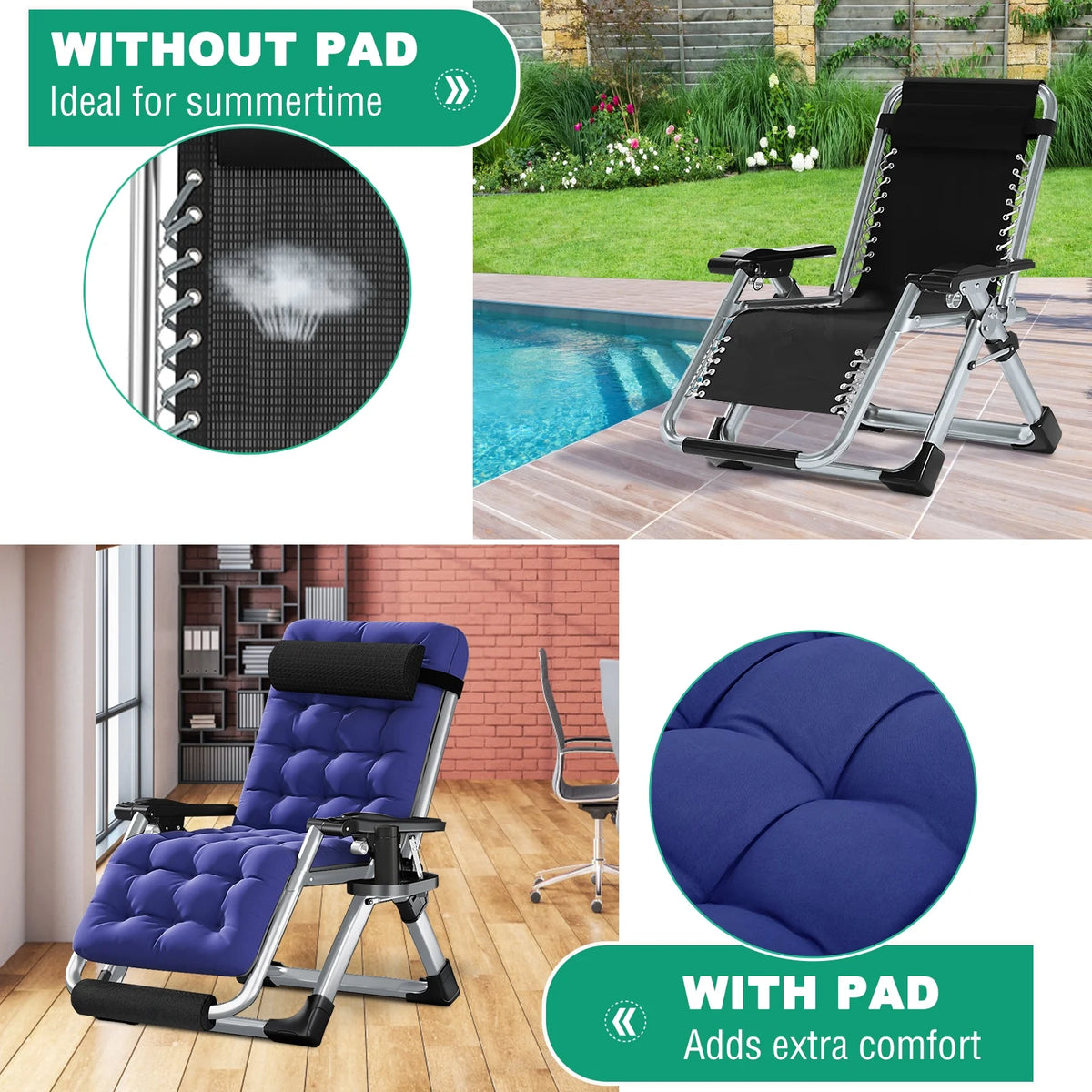NAIZEA Zero Gravity Chair with Removable Cushion and Cup Holder Black