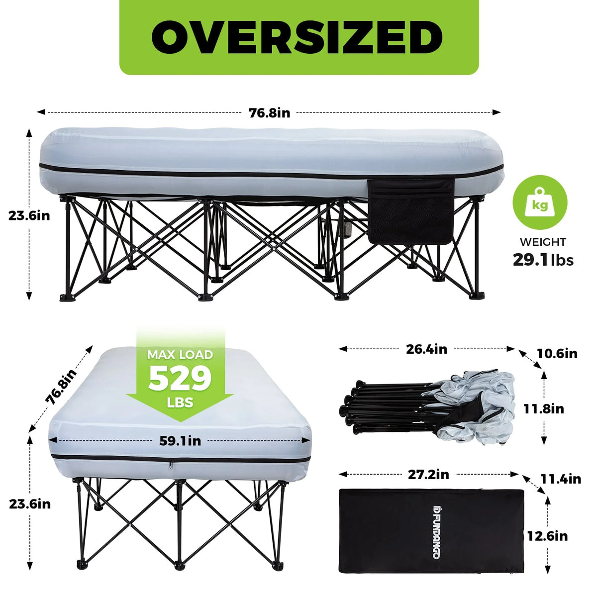 FUNDANGO 2 Person Folding Camping Cots with Air Mattress and Pump Comb, Double Portable  Inflatable  Camp Bed with Side Table, Support 529lbs Camping Bed Queen Size for Adults